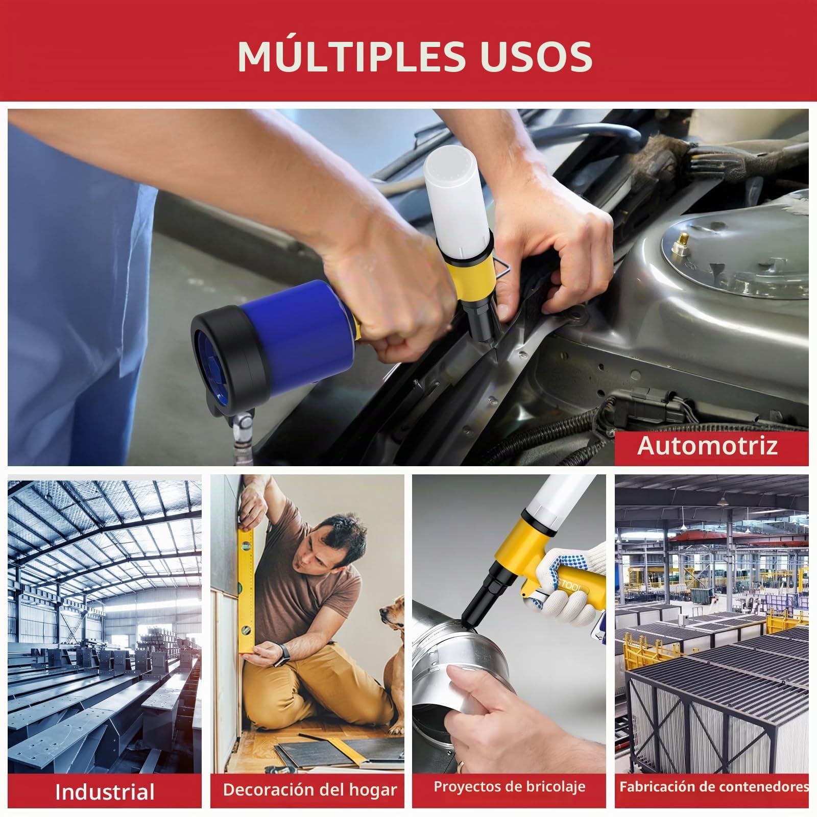 JUSTOOL Remachadora Neumática con 4 Boquillas (2.4mm,3.2mm,4.0mm,4.8mm) y 3 Mordazas,1408KGF Pistola de Remachadora para el Mantenimiento de Automóviles y Embarcaciones