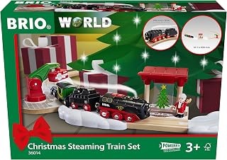 BRIO World - Christmas Steaming Train - Battery-Operated Train - 27-Pc Motorized Steam Engine for Wooden Track with Lights and Kid-Friendly Steam - Interactive Play with Forward/Reverse - for Kids 3+