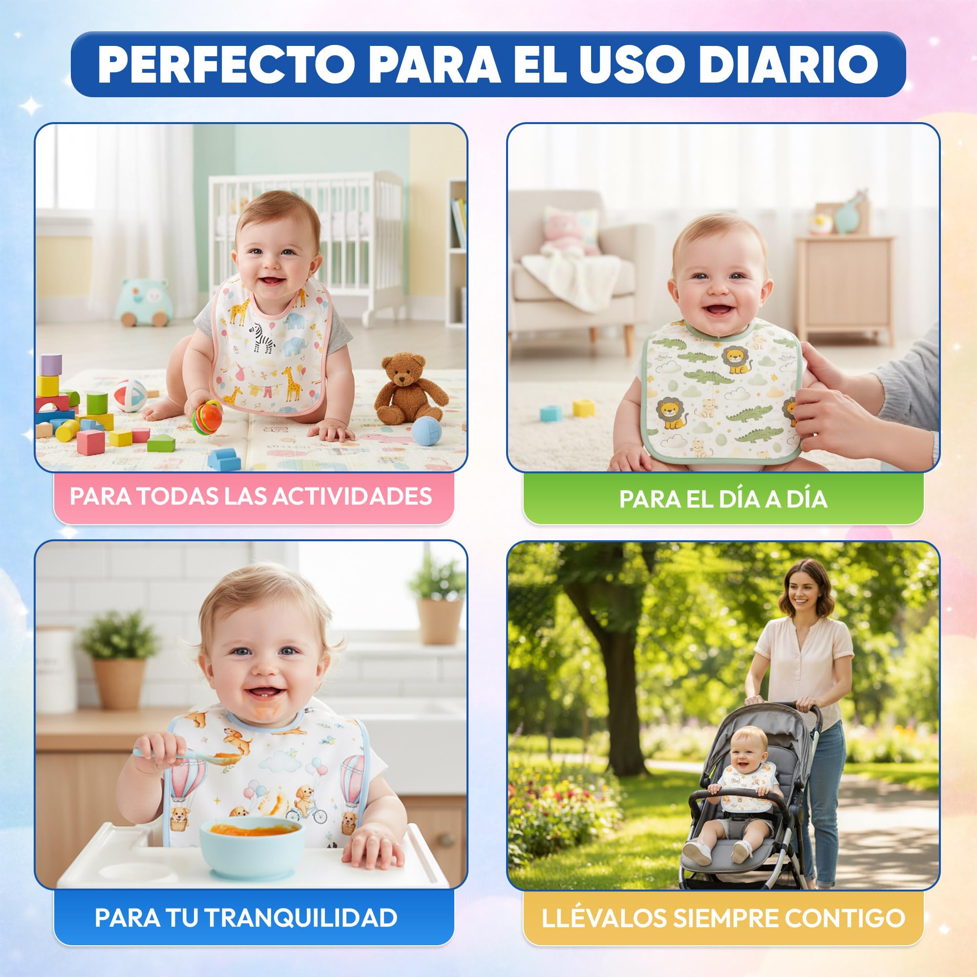 Baberos Bebé Impermeables Pack de 5 | Baberos Guardería con Goma Elástica - Babero Cuello Elástico Tipo Camiseta | Algodón Suave Lavables a Máquina 30º | Baberos Bebé Recién Nacido