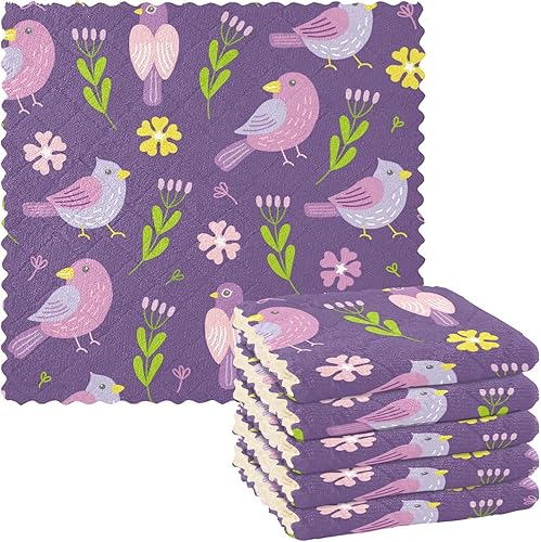 Spring Birds Flowers Leaves Purple Soft Print Microfiber Cleaning Cloths Quick Dry Set of 6 Microfiber Drying Towel Kitchen for Bathroom