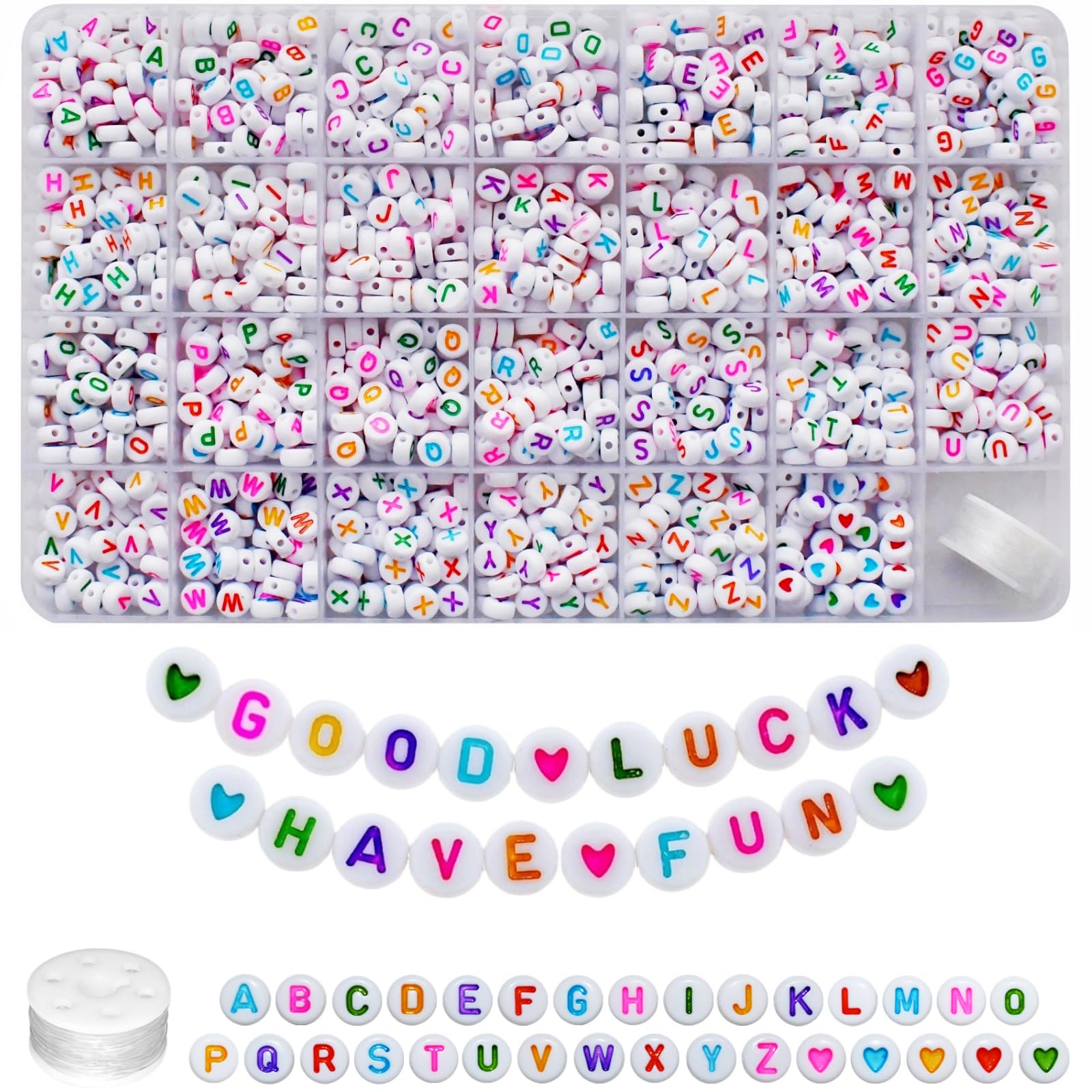 Amaney 1400pcs Colorful Letter Beads 4x7mm Alphabet A-Z Heart White Flat Round Acrylic Beads and Crystal Line for Jewelry Making Bracelets Necklaces Key Chains (Colorful Heart)
