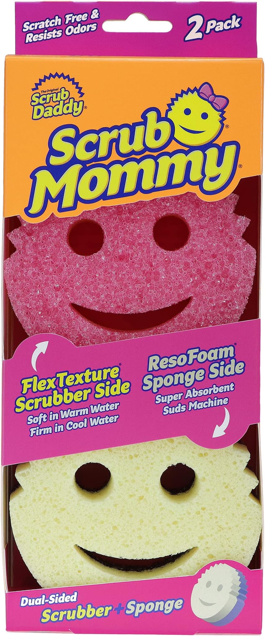 Scrub Mommy Pink, Dual Sided Scrubbing Sponge, Alternative to Non Scratch Scourers, Cleaning Sponges for Washing Up, Dish Scrubber, FlexTexture Firm & Soft, Twin Pack