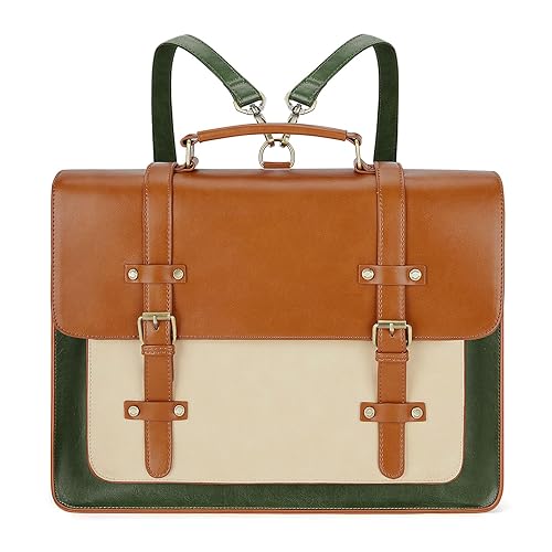 ECOSUSI Laptop Bag for Women Vegan Leather Messenger Bag Fashion Briefcase Backpack 15.6 inch Computer Satchel Bag - Green-brown
