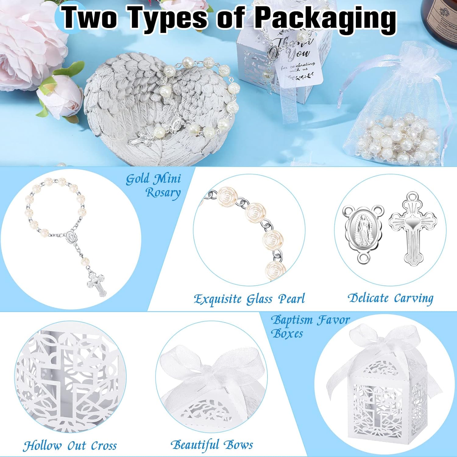 100 Pieces Baptism Favors Set Includes 25 Pieces Mini Rosary, Laser Cut Baptism Favor Boxes, White Organza Bags and 25 Pcs Thank You Tags for Bautizo Recuerdos Christening Wedding Party Supplies