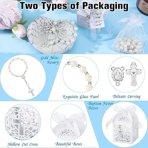 Miniatura 3 de El juego de 100 recuerdos de bautismo incluye 25 piezas de mini rosario, cajas de regalo de bautismo cortadas con láser, bolsas de organza blanca