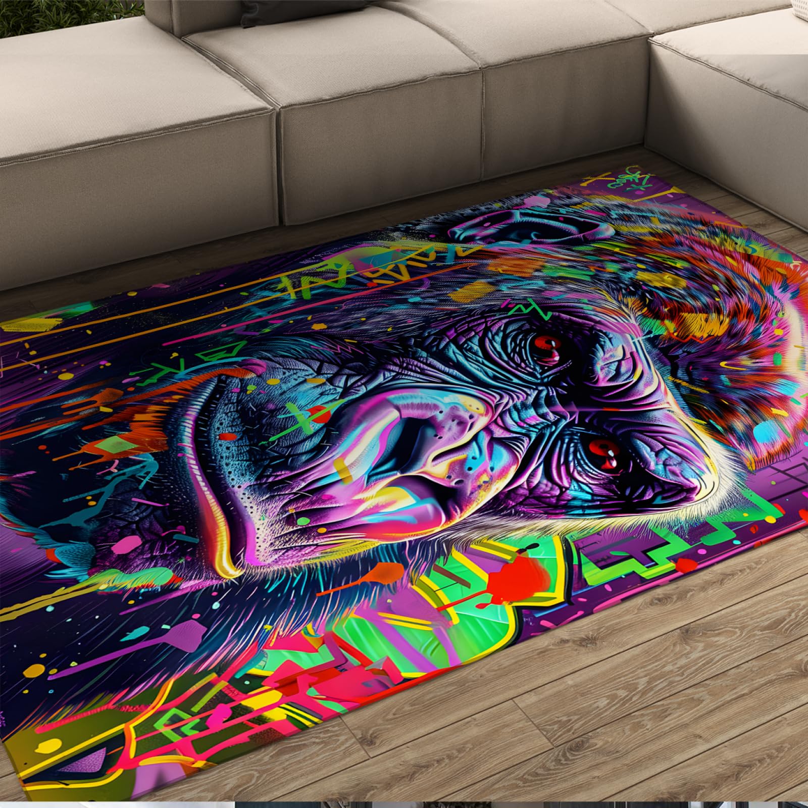 Tapis gorille violet graffiti 80x150cm lavable en machine pour salon et chambre