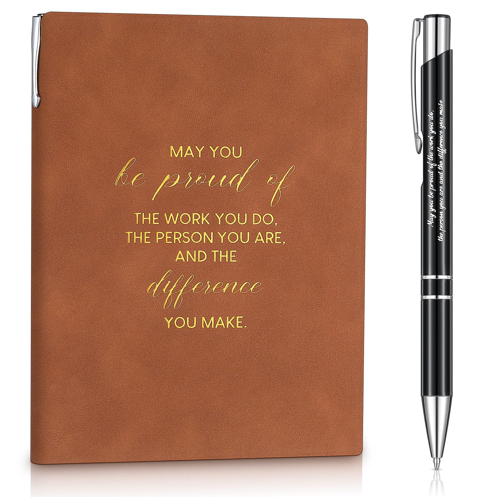 Tenare Thank You Employee Appreciation Gifts A5 Leather Notebook and Pen Set Inspirational Personalized Journal for Christmas Women Men Volunteer Team Coworker Colleague Office Job(Brown,Be proud of)