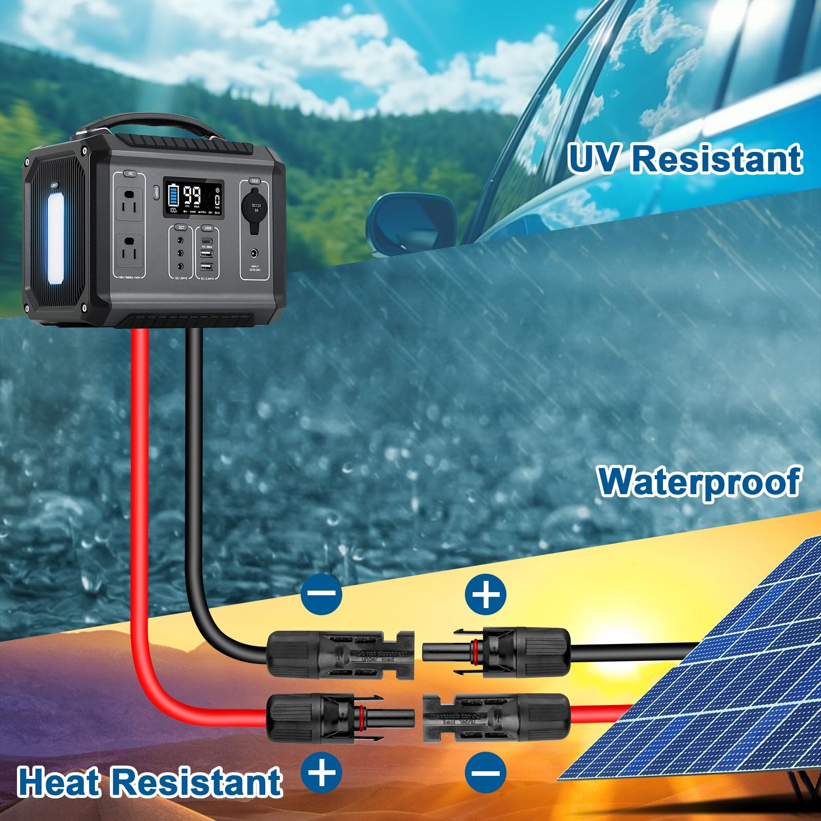Solar-Verlängerungskabel, 10 AWG, 6 m, 2 Stück, rot und schwarz, PV-Draht mit Solarsteckern, 84-strängiges verzinntes Kupfer, Dual-XLPE-isoliert, UV-beständiges Kabel für Wohnmobil, Wechselrichter