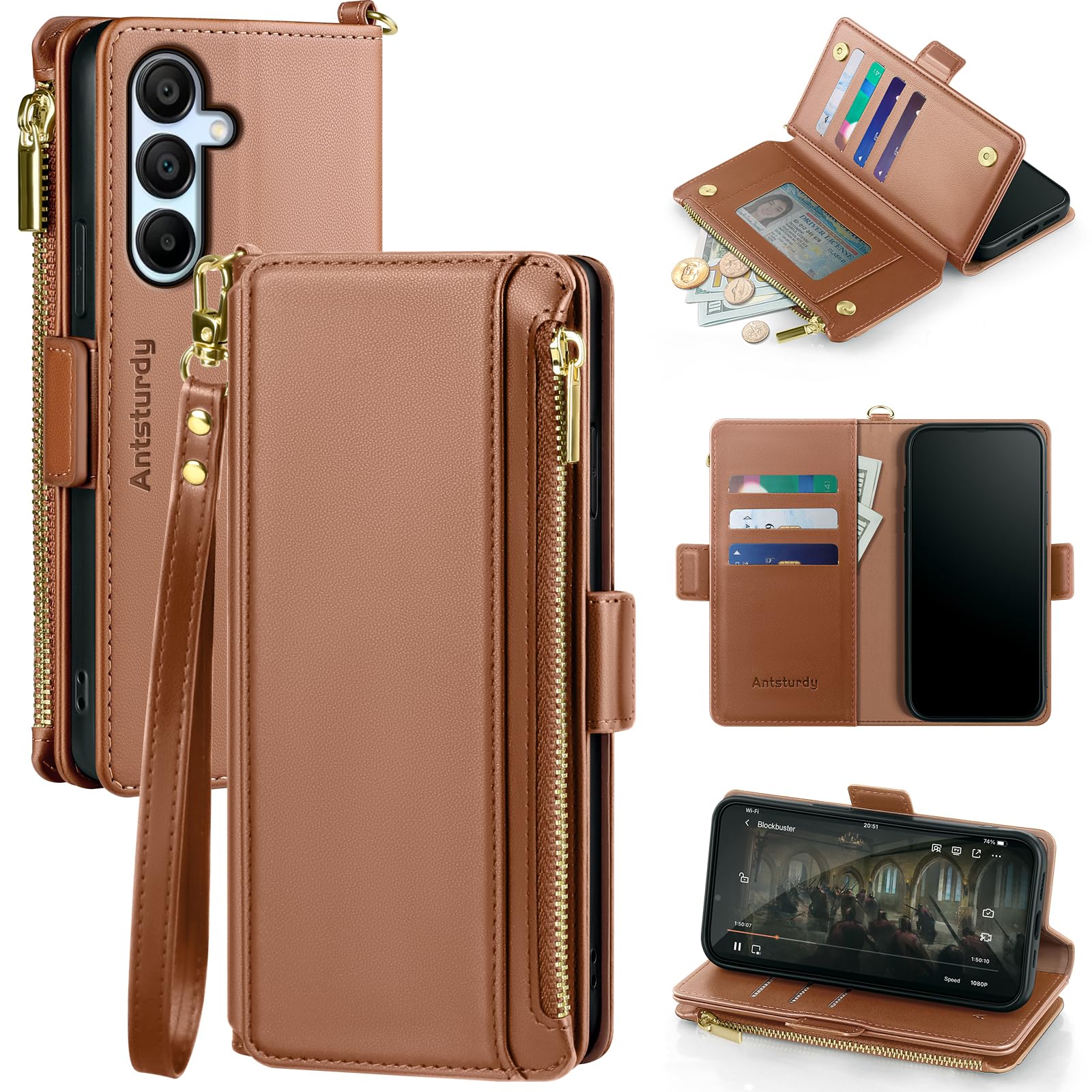 Antsturdy Compatible with Samsung Galaxy A16 5G Case Wallet with Card Holder Women Men Phone Case RFID Blocking PU Leather Flip Protective Cover Wrist