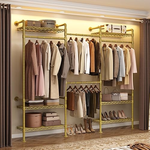 Miniatura 11 de P3 - Sistema industrial de armario de tuberías, estantes de ropa montados en la pared con 4 varillas telescópicas y 6 estantes de malla, perchero