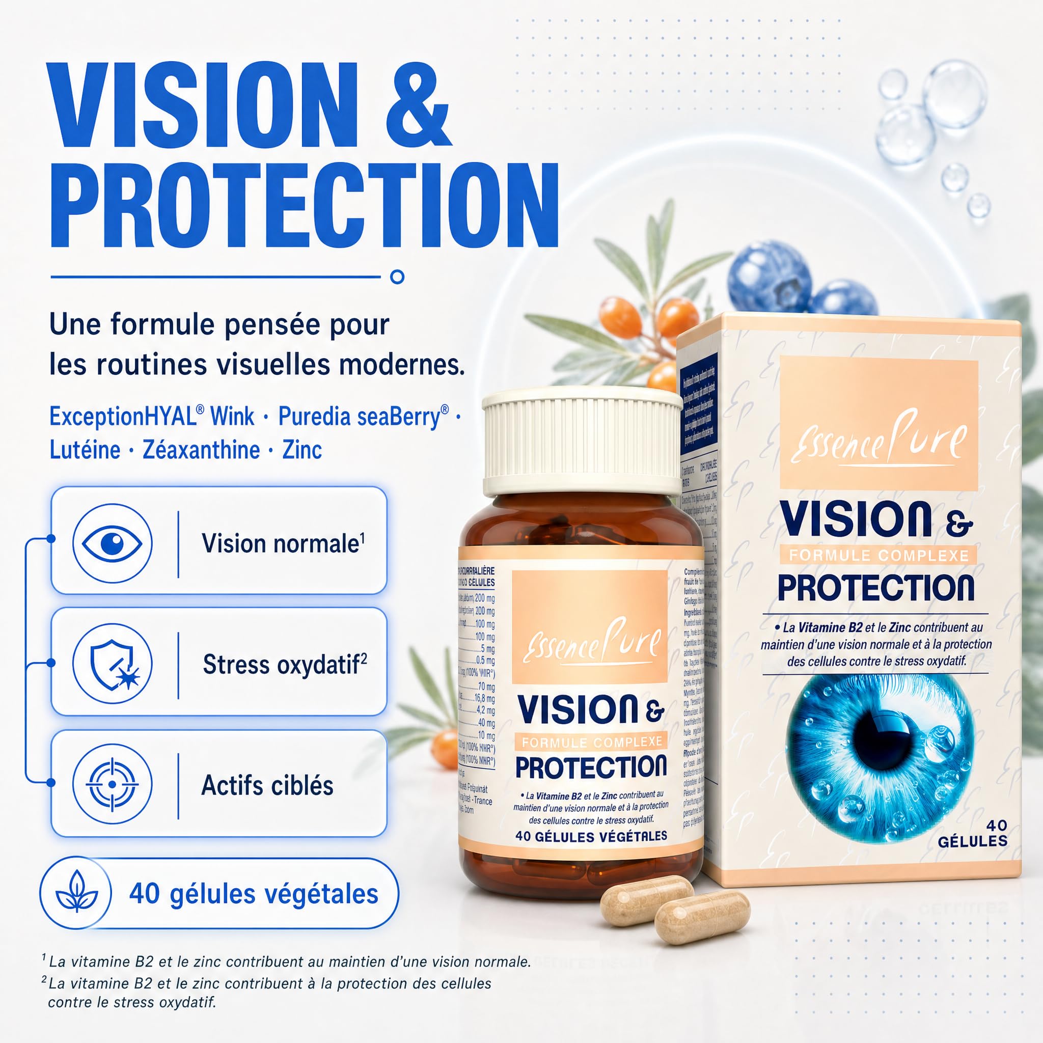 ExceptionHyal® Acide hyaluronique + Puredia seaBerry® Argousier | Lutéine, Zéaxanthine, Myrtille, Ginkgo, Vitamines B2 & D, Zinc | Vision & Protection | 40 gélules | Essence Pure