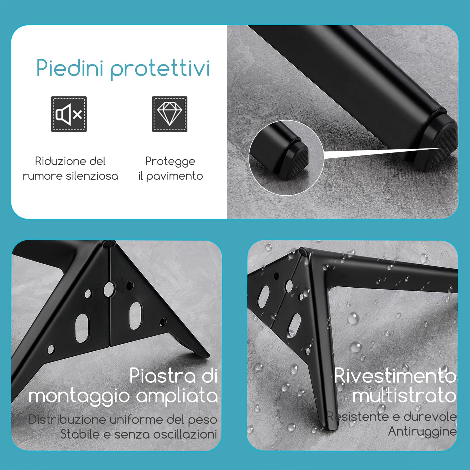 4 gambe metalliche nere 25cm ricambio per divani e tavolini