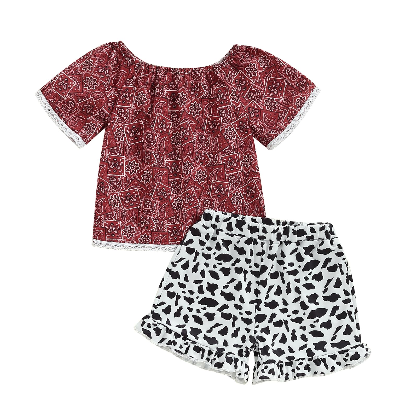 Western Baby Girl Outfit Cow Print Clothes Short Sleeve Off Shoulder Tops Shorts 0-5T Kid Toddler Girl Summer Sets (A Red, 6-12 Months)