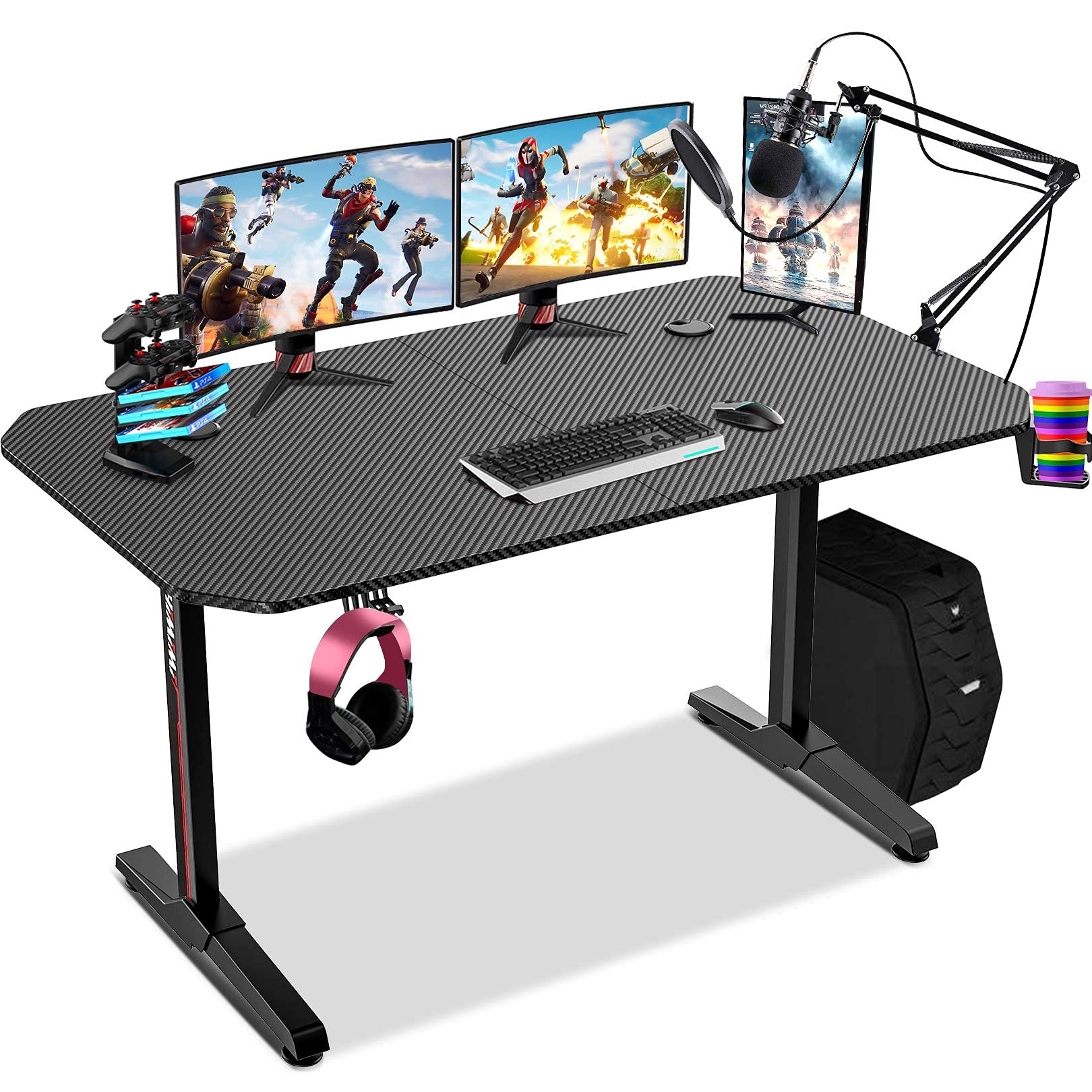 Ergonomic Gaming Desk 55 Inch, TShaped Computer Table with Free Mouse pad & Gaming Handle Rack