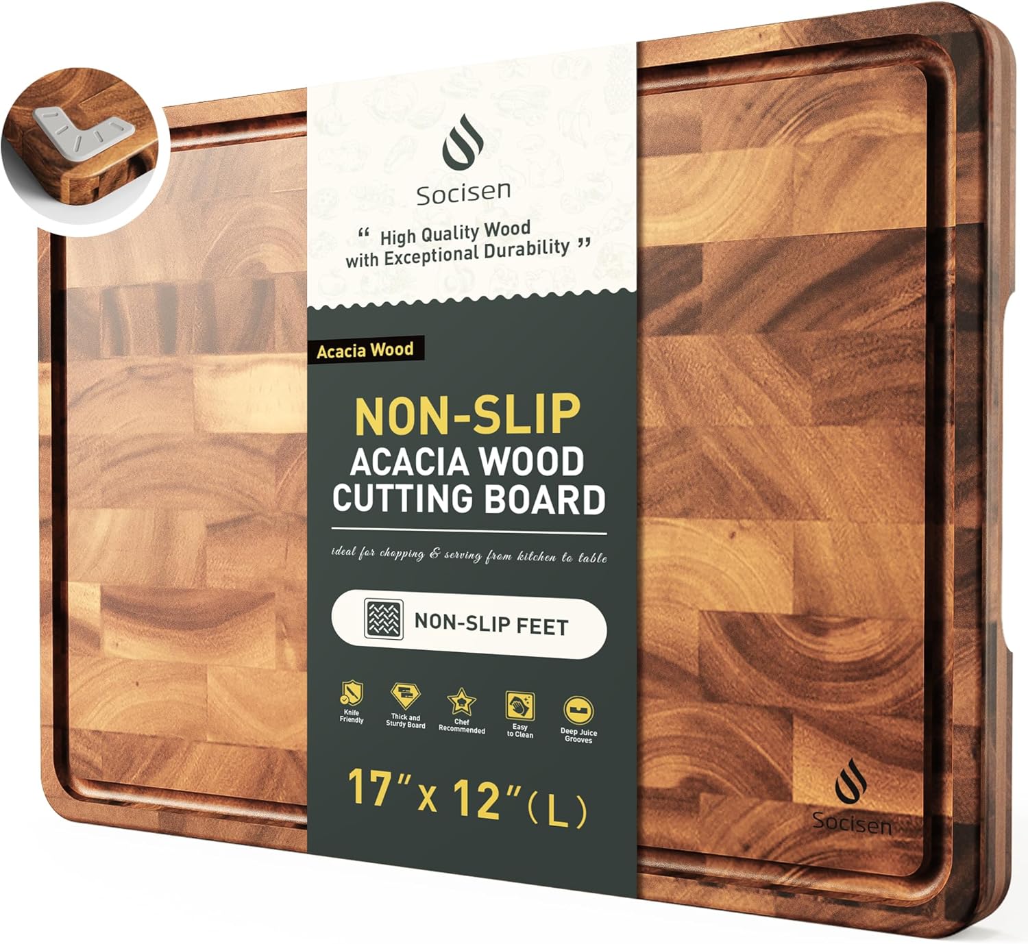 End Grain Cutting Board for Kitchen with Non-slip Feet, Acacia Wood Heavy Duty Checkered Cutting Board Upgraded Chopping Board with Juice Groove & Handle Large Wooden Butcher Block with Gift Box 17"L x 12"W