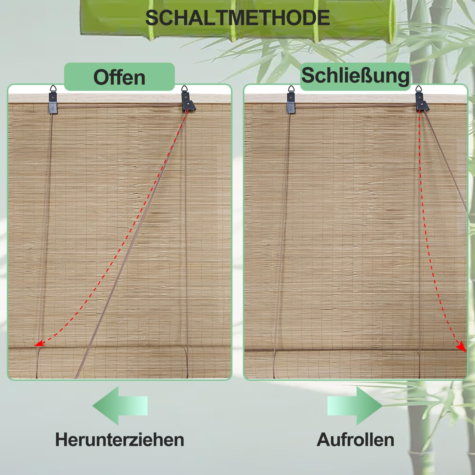 bambusrollo ohne Bohren 95x100cm Bambus Jalousie UV-Block Fenster Raffrollos, Sonnenschutz Sichtschutz Rollo Für Außen Garten Balkon Sichtschutz, Verdunkelung, Maßgeschneiderte Vorhänge Holzfarbe
