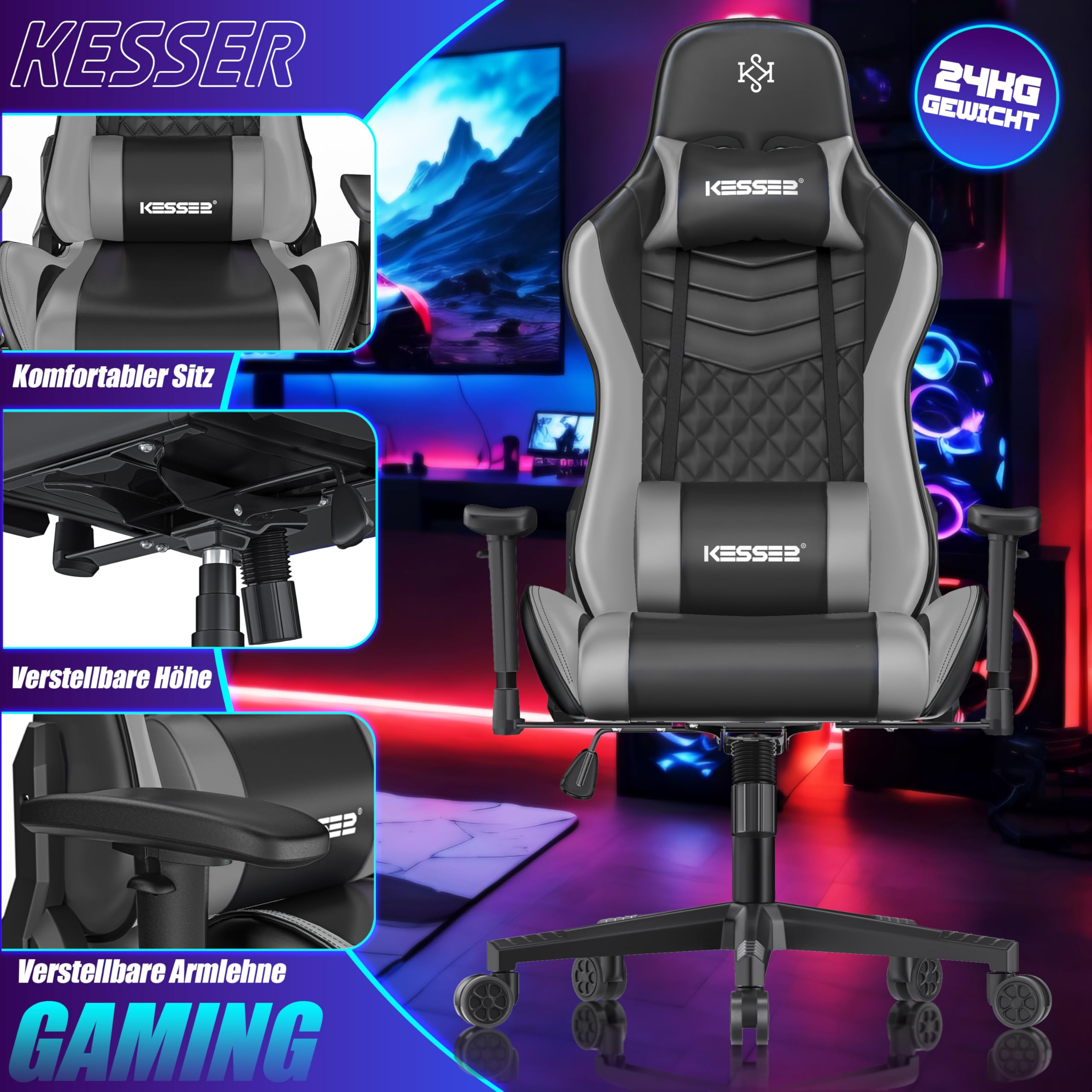 KESSER Silla de gaming ergonómica con reposacabezas y cojín lumbar, soporta hasta 150 kg, reposabrazos 360°, giratoria, con ruedas de goma