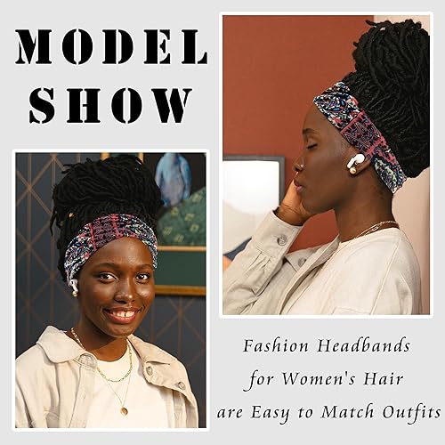 Miniatura 4 de FULZTEY Diademas bohemias para mujer, bandas anchas para la cabeza clásica, con estampado floral, bandana anudada, antideslizante, turbante