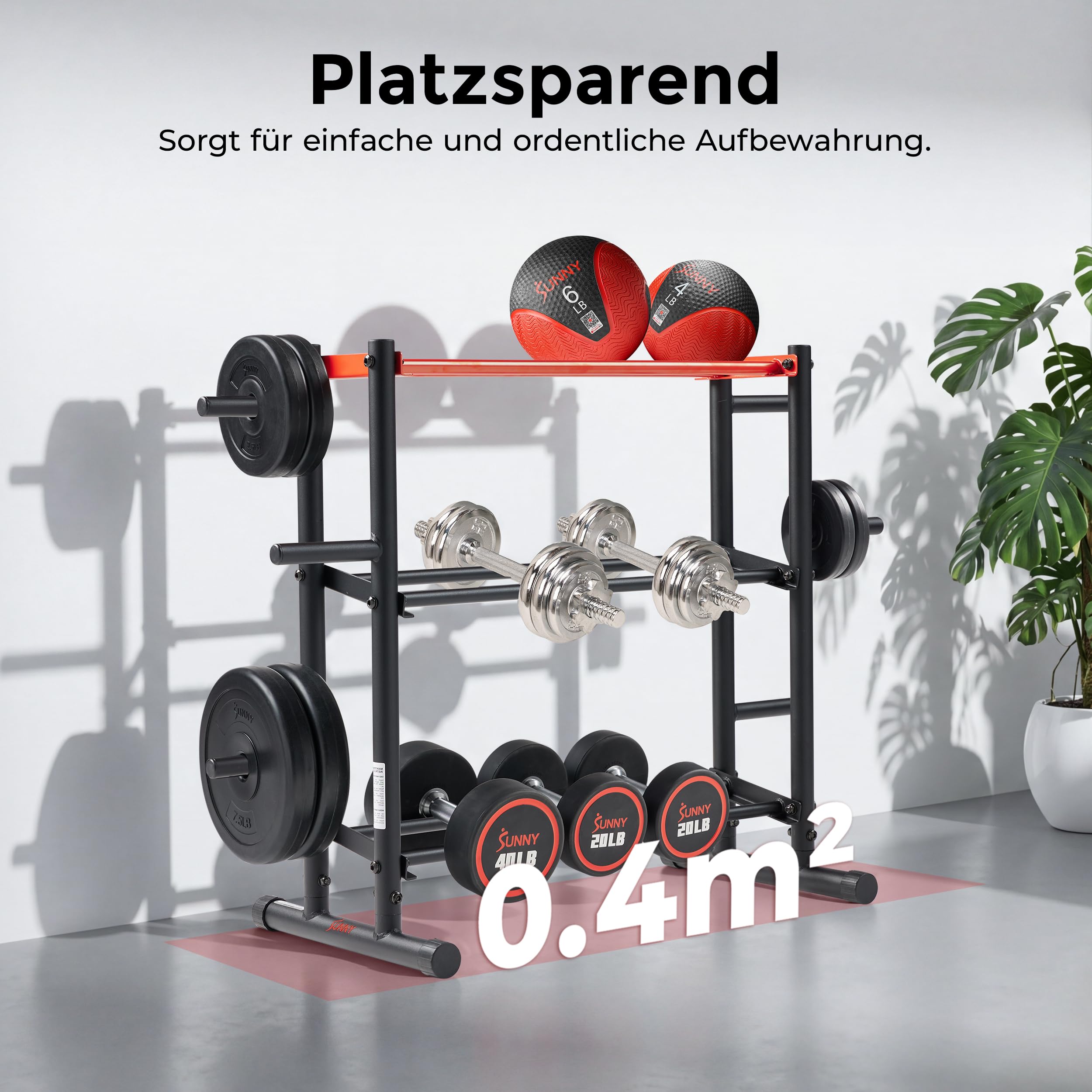 Sunny Health & Fitness Multifunktionaler Hantelständer aus Metall für Kurzhanteln, Kettlebells, Hantelscheiben, Langhantel & Medizinball – Robuste Ablage für das Heimtraining