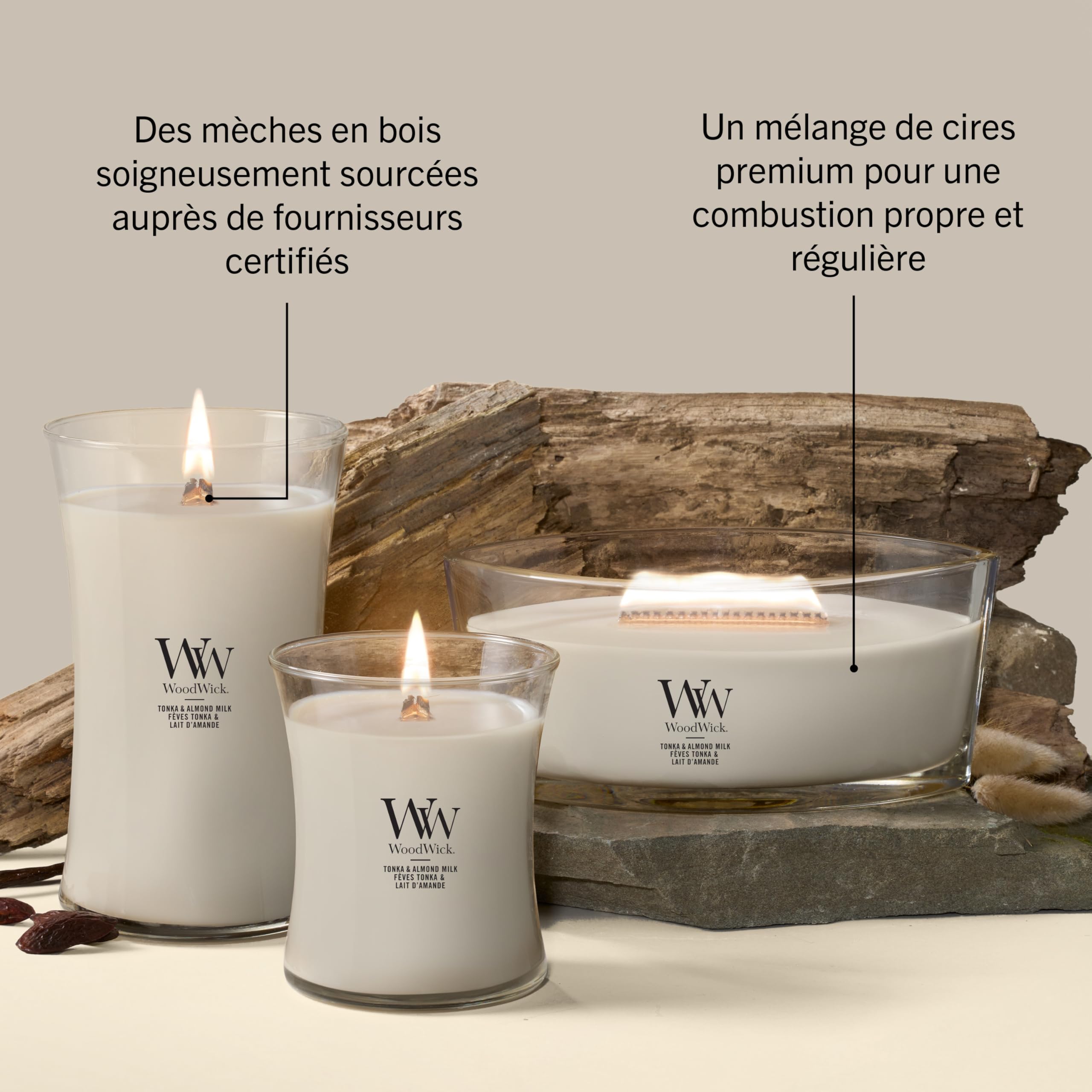 WoodWick Bougie parfumée | Bougie sablier moyenne | Tonka et lait d'amande | Cadeaux parfaits pour femmes