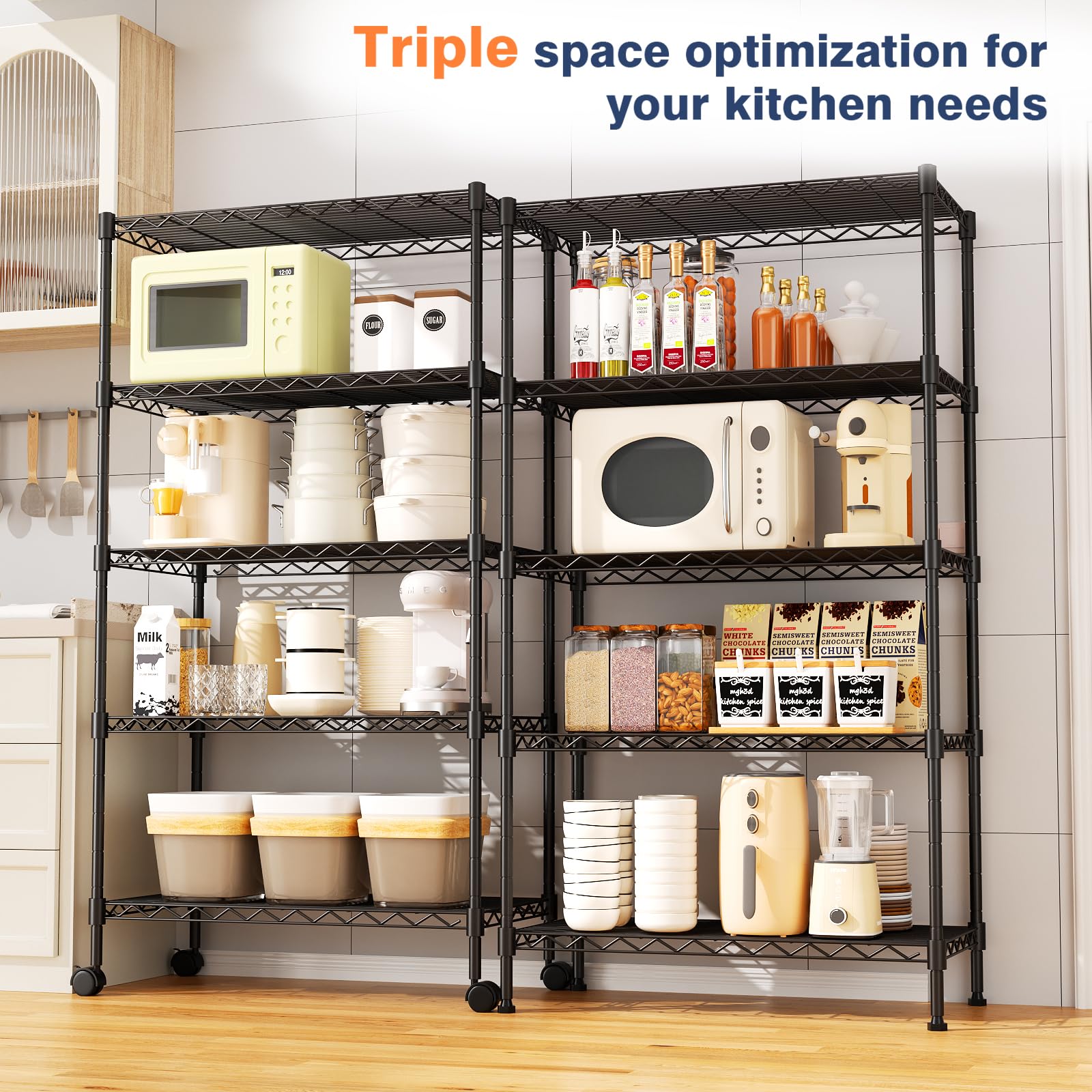Scaffalatura a 5 ripiani in filo resistente, 89 cm x 45 cm x 180 cm (larghezza x altezza x altezza), mensole su ruote bloccabili, ripiani in metallo regolabili in altezza, per bagno, cucina