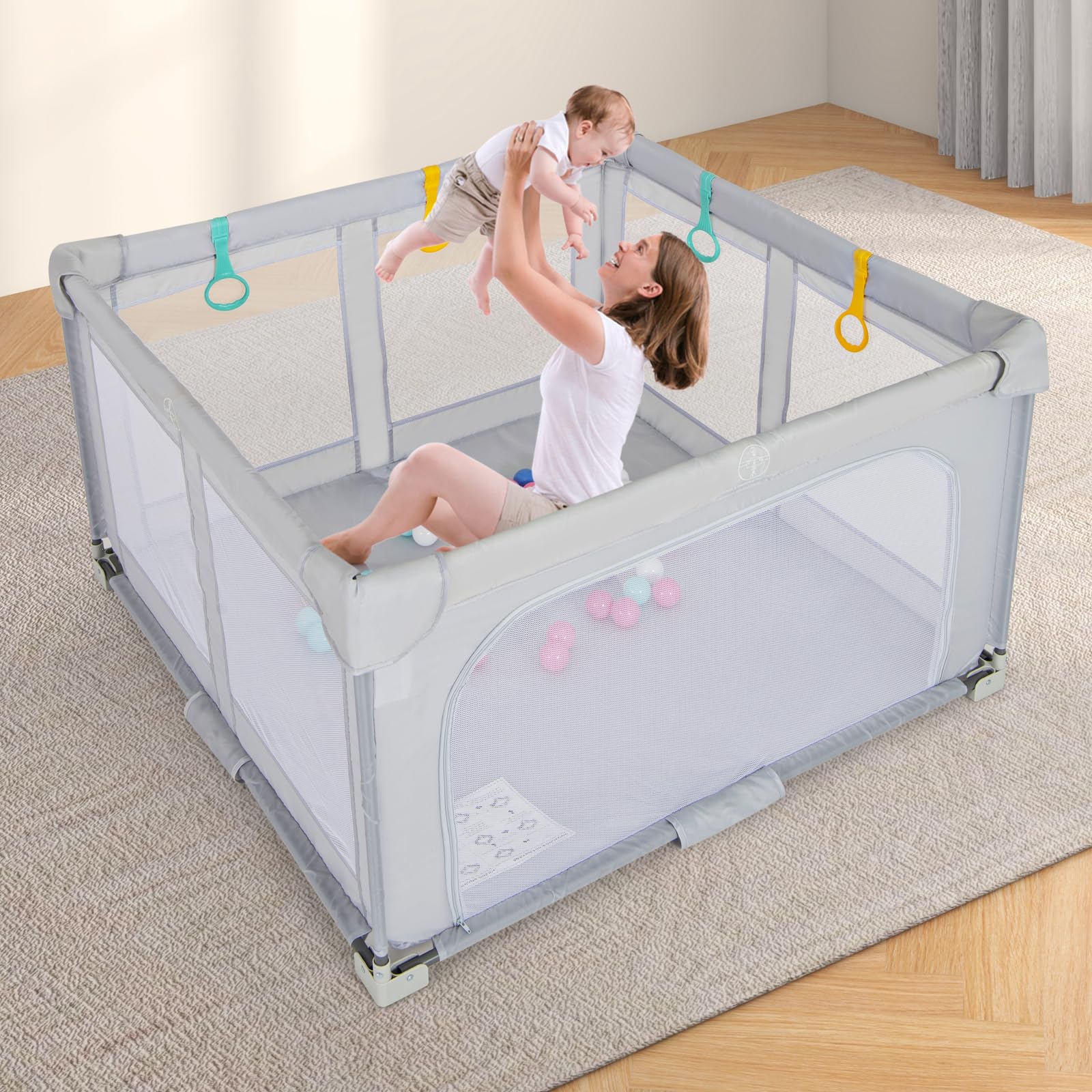 RELAX4LIFE Parque Infantil Bebe 127 x 127 cm con 4 Anillas y 50 Bolas Oceánicas, Corralito Bebe con Bolsa de Trasnporte, Puerta con Cremallera, Parque de Juegos para Niños de 0-3 Años (Gris)