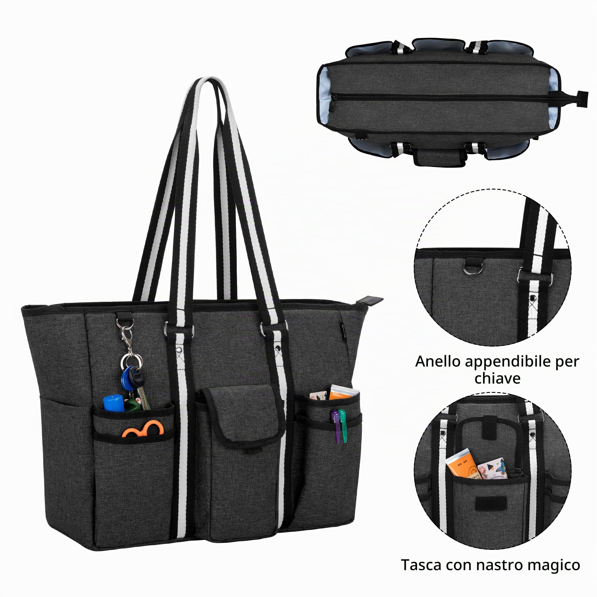 CURMIO Borsa da Lavoro per Insegnanti con Supporto Inferiore, Nero | Grande Tote da Donna, Scomparti per PC fino a 15,6", Tasche Multiple, per Materiale Insegnanti e Scolastico, Borsa Vuota