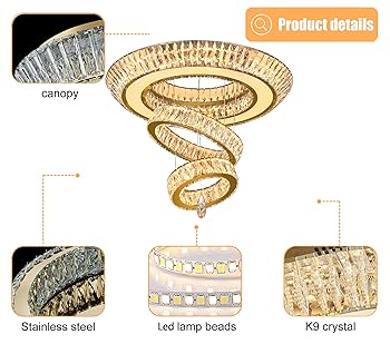 IDEQUY Led 32'' Gold Ring Crystal Chandelier,Modern Luxury
