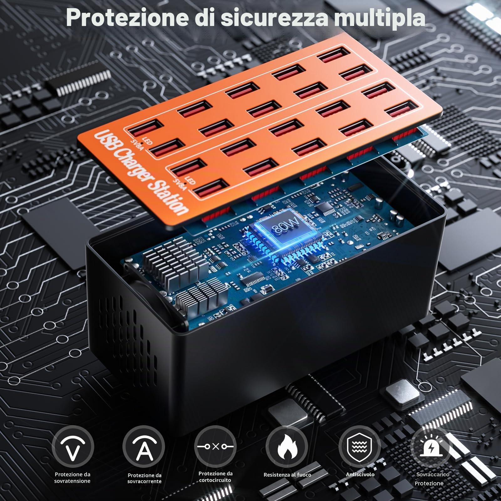 Caricabatterie USB Multiplo da 20 Porte, Stazione di Ricarica Intelligente da Scrivania con Ricarica Rapida e Design Compatto per iPhone, Samsung, Google e Altri Dispositivi