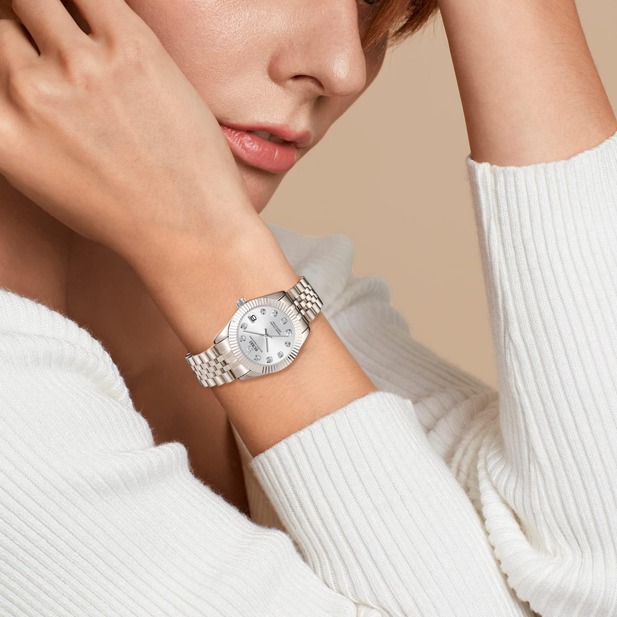 BUREI 36MM Moda Donna Orologio Argento Acciaio Inox Orologio da Polso Analogico al Quarzo con Calendario