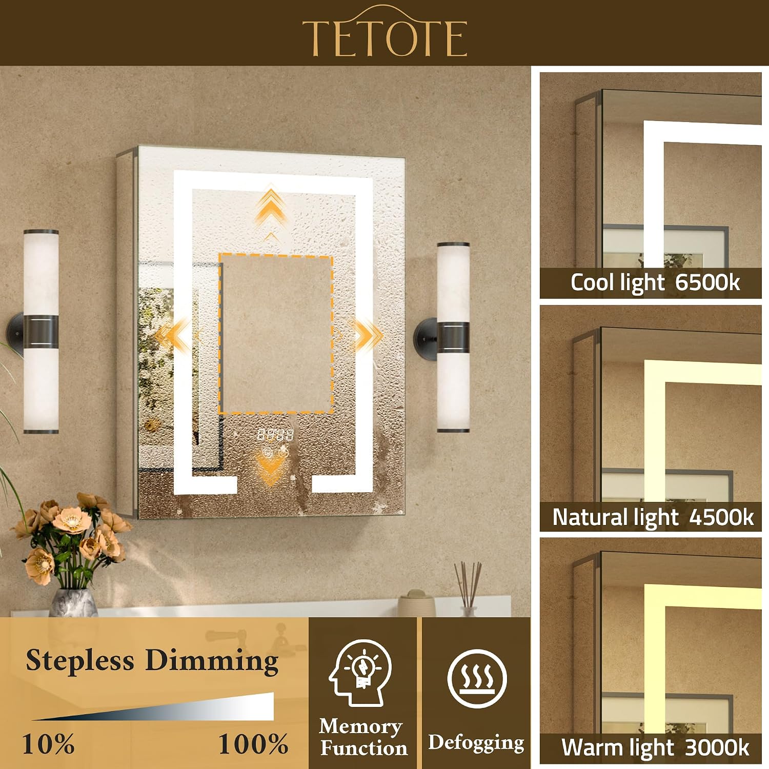 TETOTE LED Lighted Medicine Cabinet with Lights 30 x 26 Recessed or Surface Mount Cabinet Mirror for Bathroom Wall, 2 Door Tempered Glass Led Vanity Cabinet, Outlets & USB, 3-Color Dimming, Anti-Fog