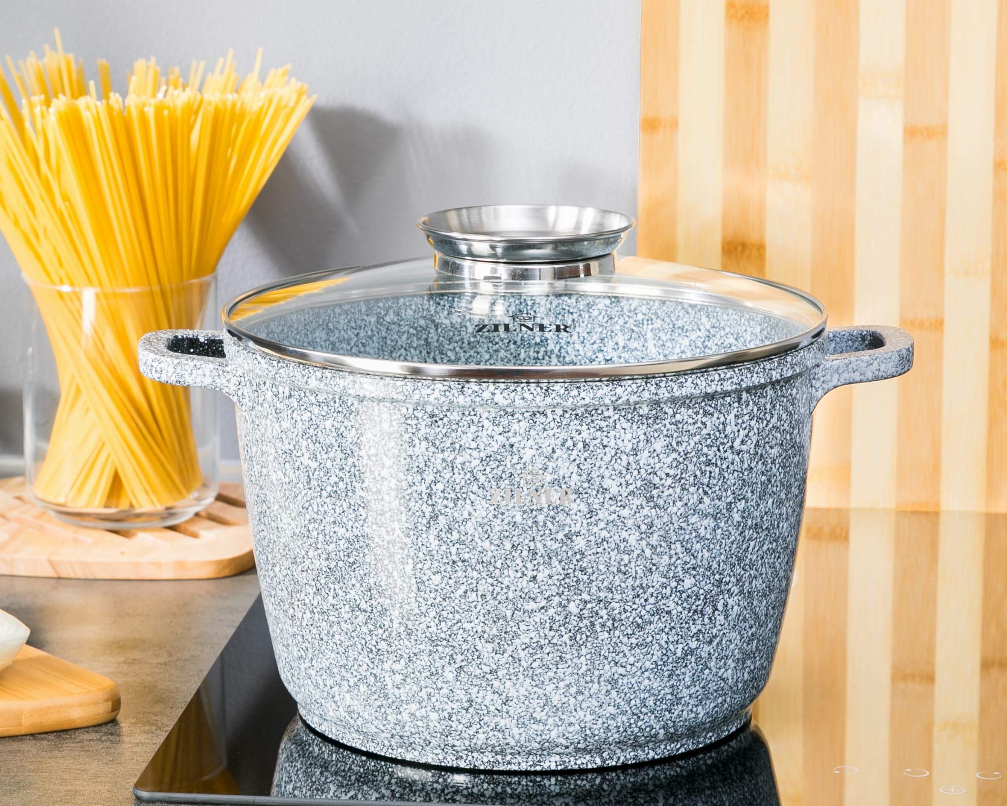Zestaw garnków i patelni - 17-częściowy zestaw naczyń kuchennych - Powłoka marmurowa i ceramiczna - Ze szklanymi pokrywkami - Nadaje się do wszystkich kuchenek - Srebrny
