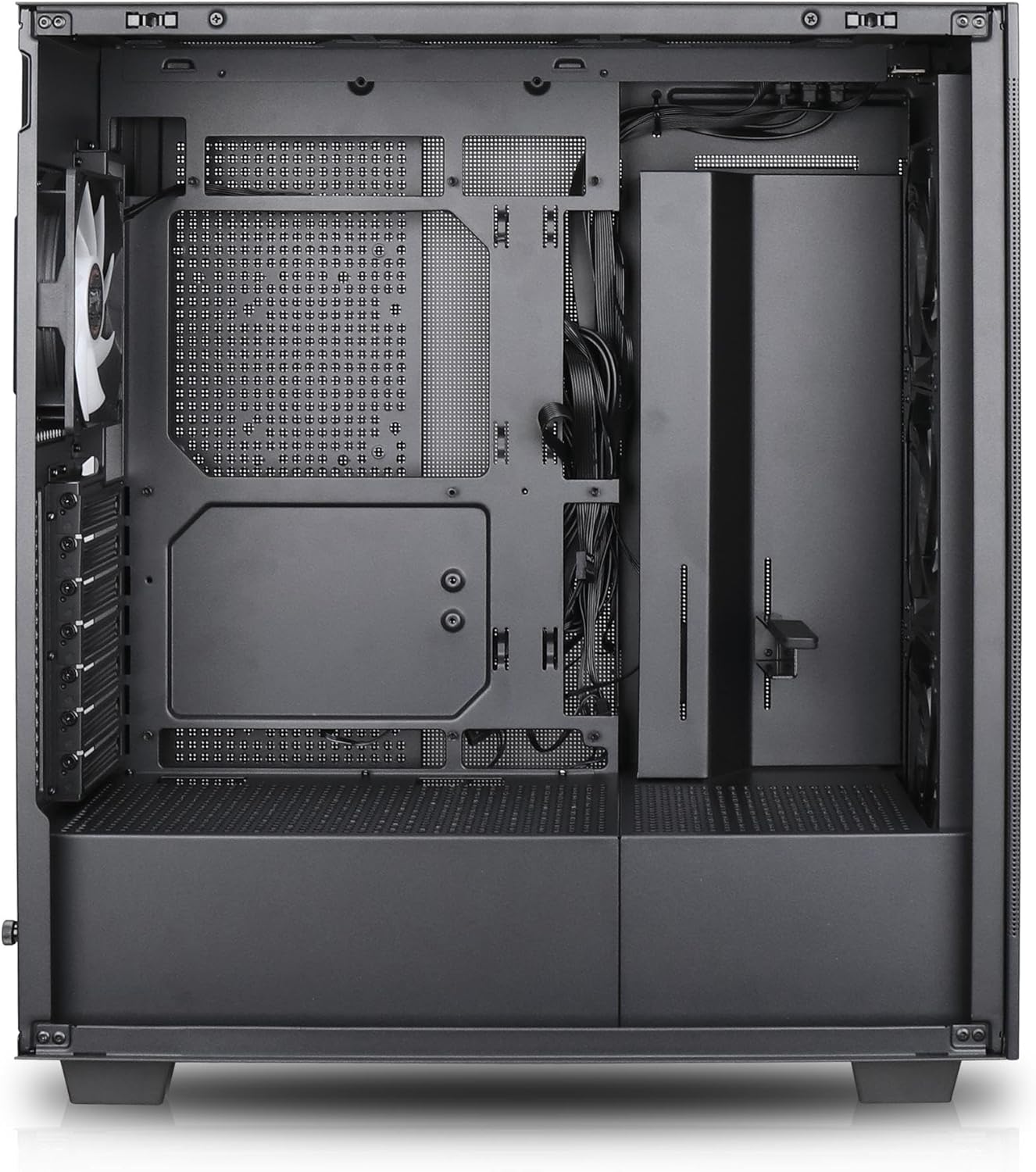 Indre view of the Rosewill Helium Flow RGB PC Case with the side panel removed, showing the motherboard tray and cable management area
