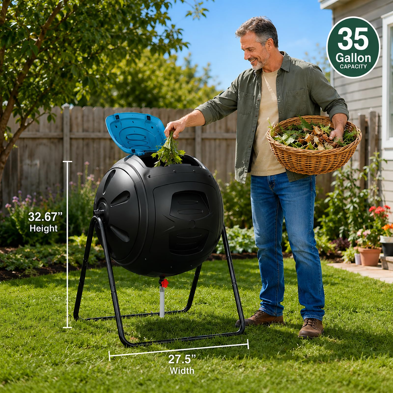 Compostiera multifunzione da giardino, resistente e a funzionamento rapido, con tappi di scarico facili da usare per raccogliere liquidi, blu