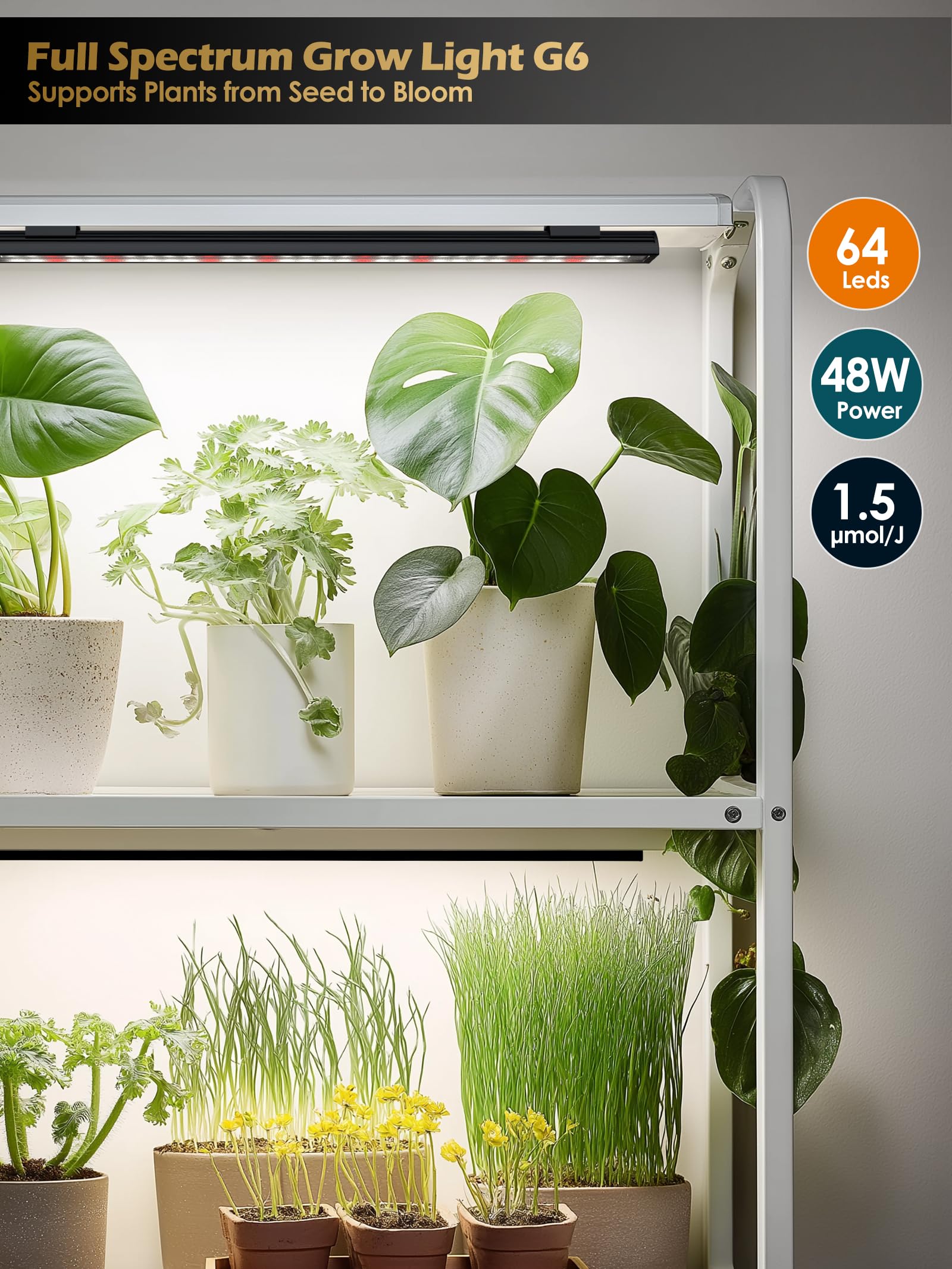 Luz de cultivo inteligente para plantas de interior, tiras de luz LED de espectro completo de 3500 K con temporizador automático de 3/9/12 H, atenuación continua, diseño modular, Plug and Play (negro