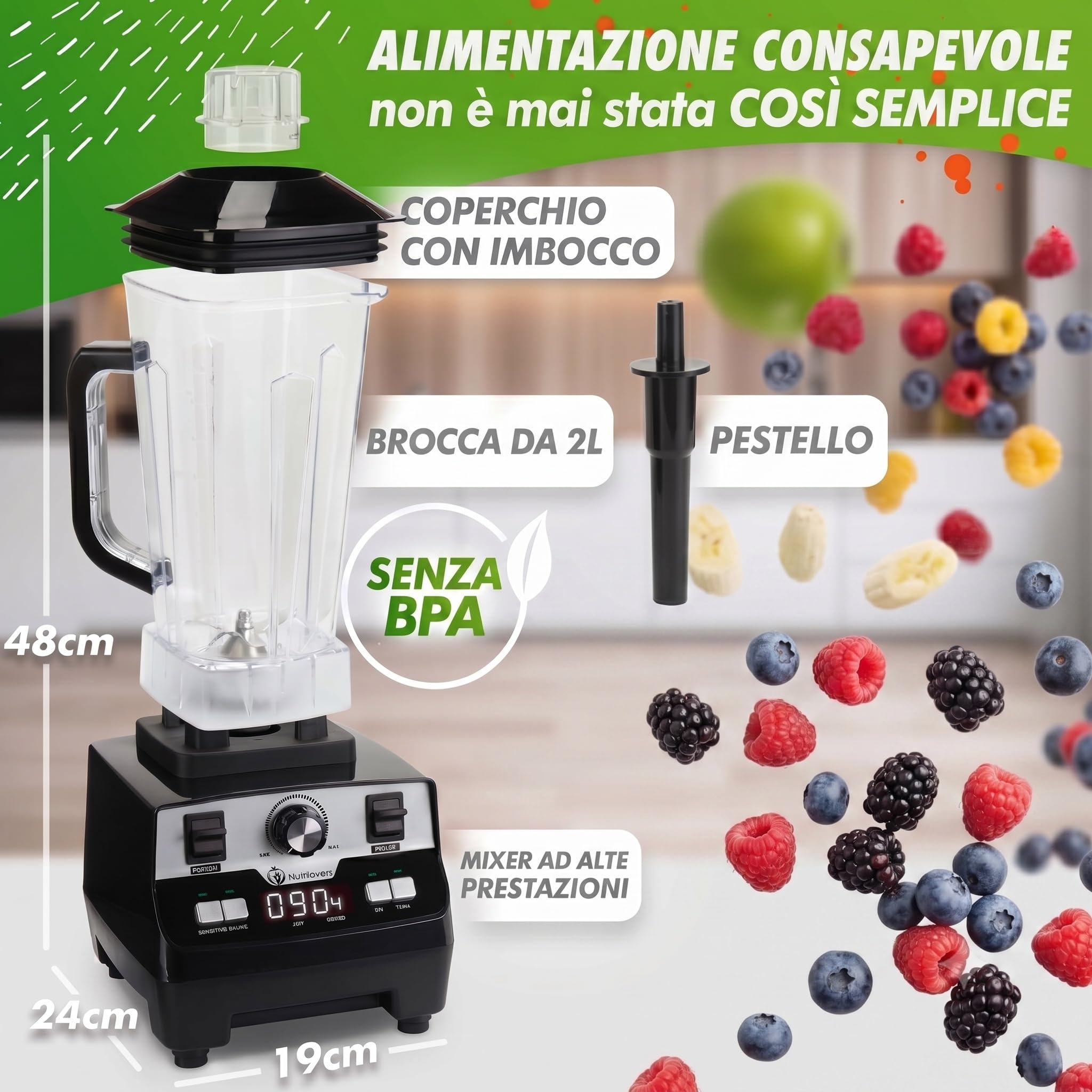 NUTRI-BLENDER MAX Frullatore ad alte prestazioni 2000W - 2L Tritan, senza BPA, 9 vel, timer digitale