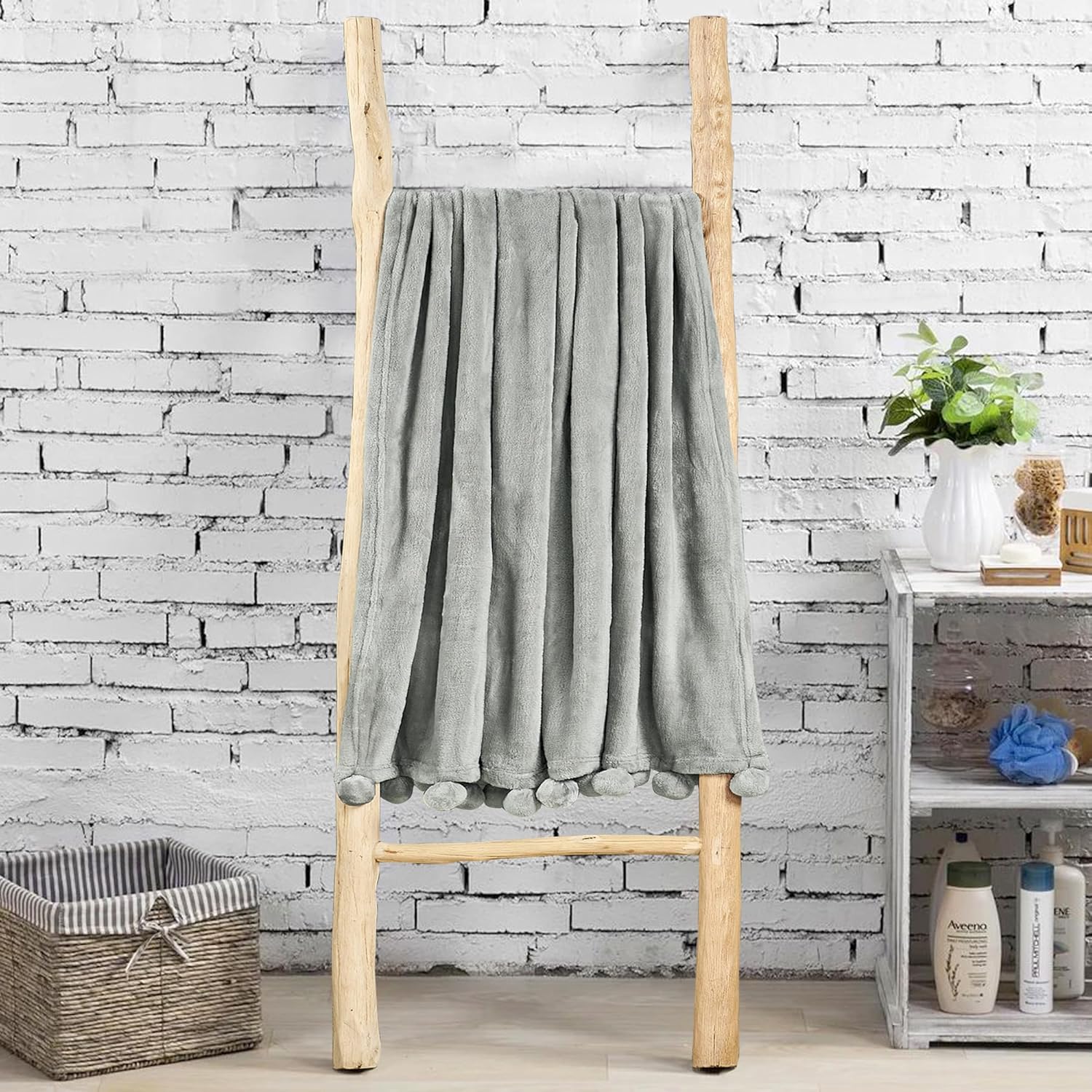 HESTIN Super Soft Flannel Throw with Pompom Fringe, Warm Cozy Blankets for Couch, Sofa, Bed, Camping, Outdoor Throw- All Seasons,Decorative Home Decor Gift Solid Blanket, Grey Chateau, 50" x 60"