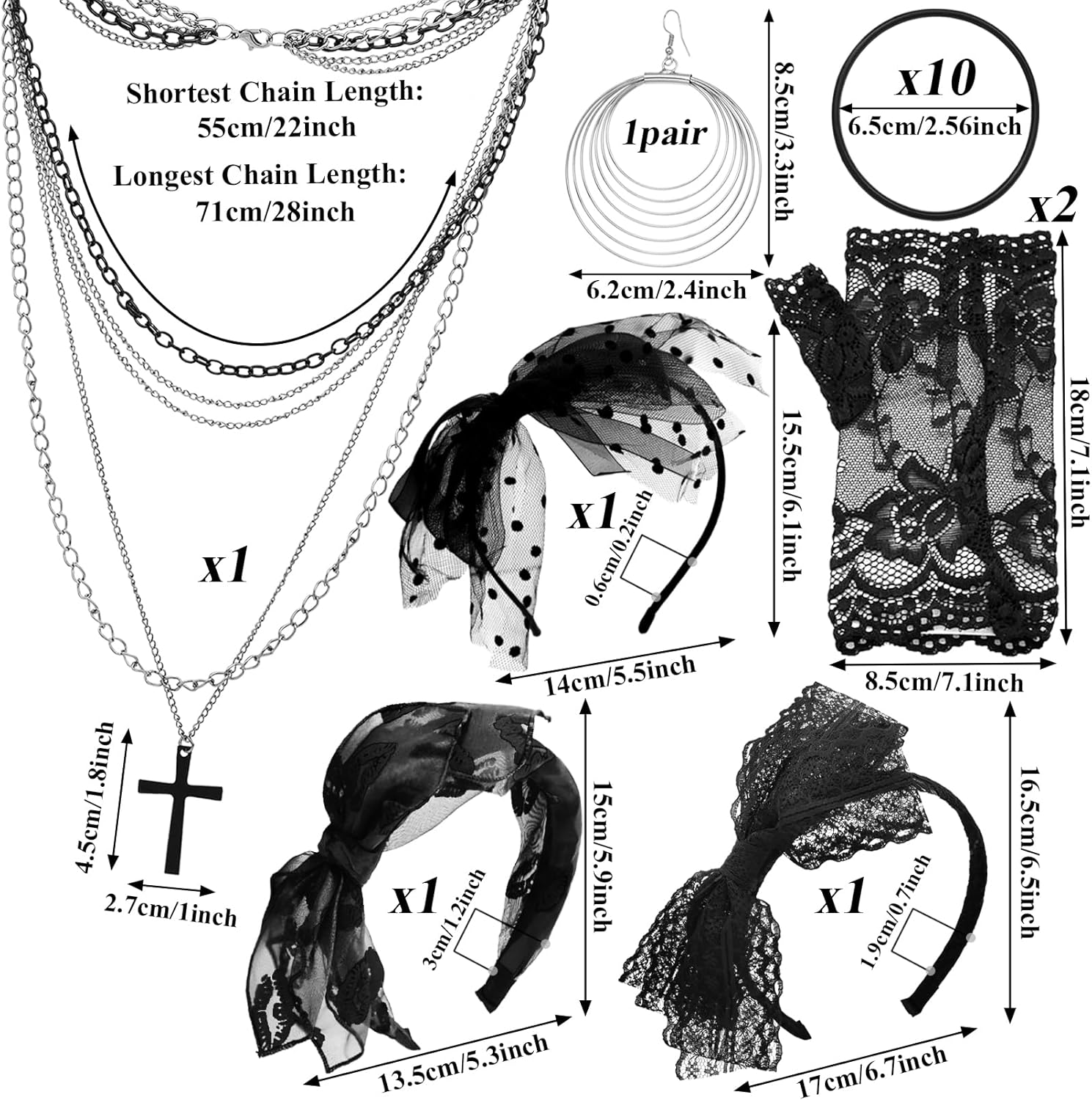 RechicGu Women's 80s Fancy Costume Accessory Set,Concert Outfit with Bow Headband, Cross Necklace, Lace Gloves,Circle Earrings, Black Rubber Bracelet, 80s Retro Party Punk Rock 1980s Fashion Look - Image 7