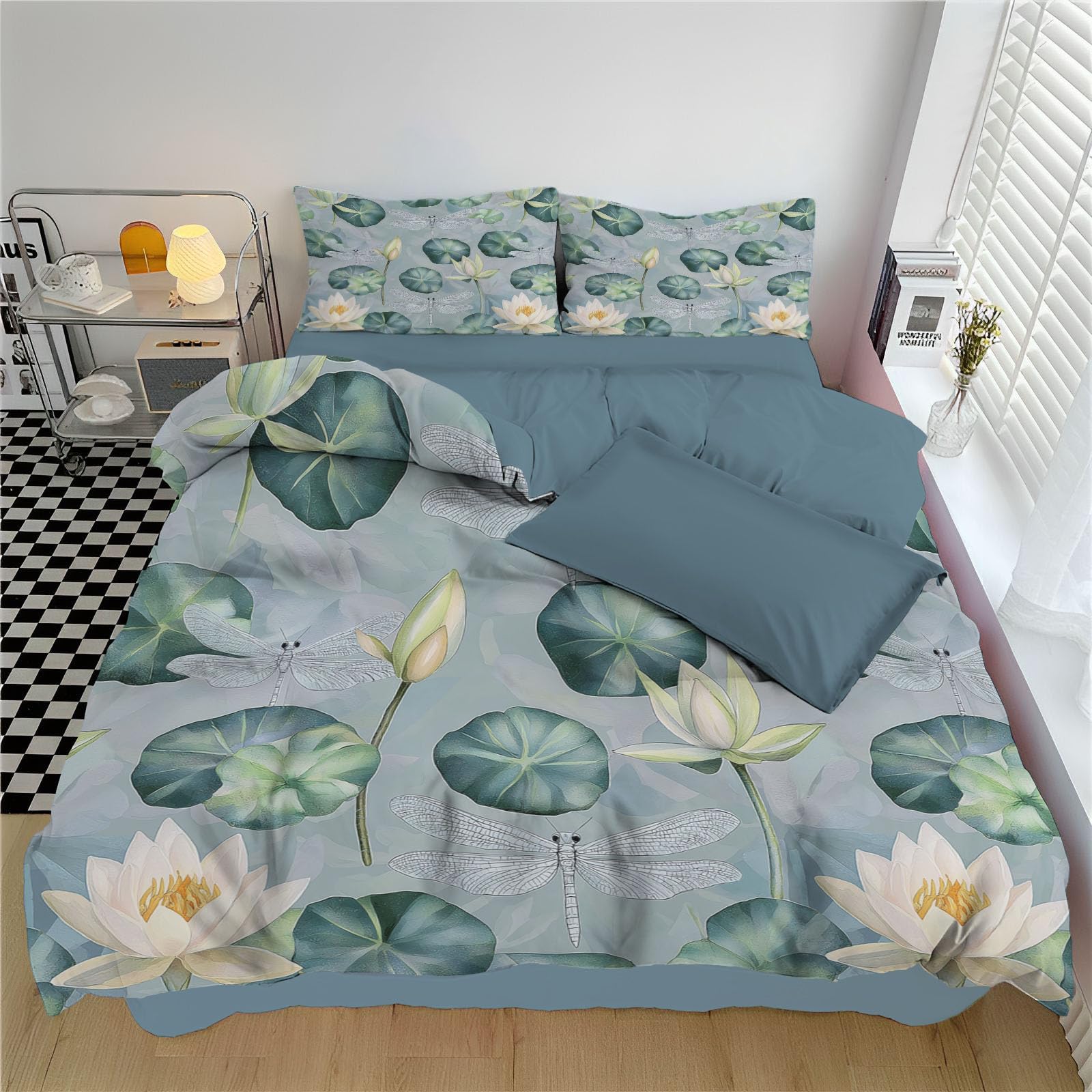 Parure de lit à fermeture éclair motif nénuphar bleu