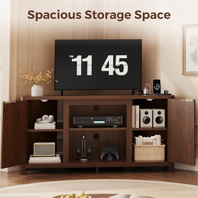 Corner TV Stand for 55" TV, Mid Century Modern Entertainment Center, Walnut image 5