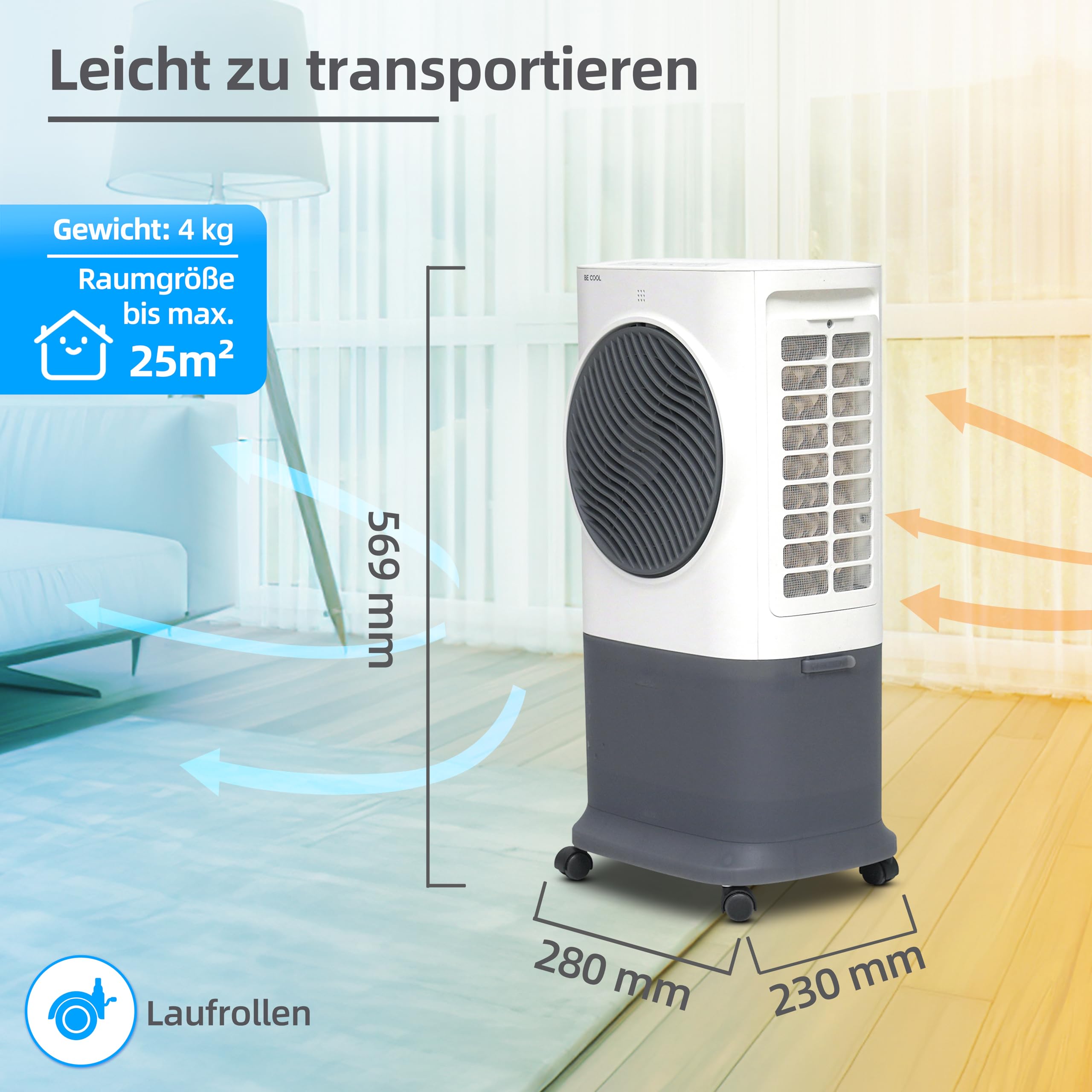 BE COOL Premium Luftkühler BC6ACP2501W mit WiFi, 6,5L Wassertank, 340 m³/h Luftleistung, Timer, Fernbedienung, LED-Display, 3 Modi, mobil, leise (≤50dB)