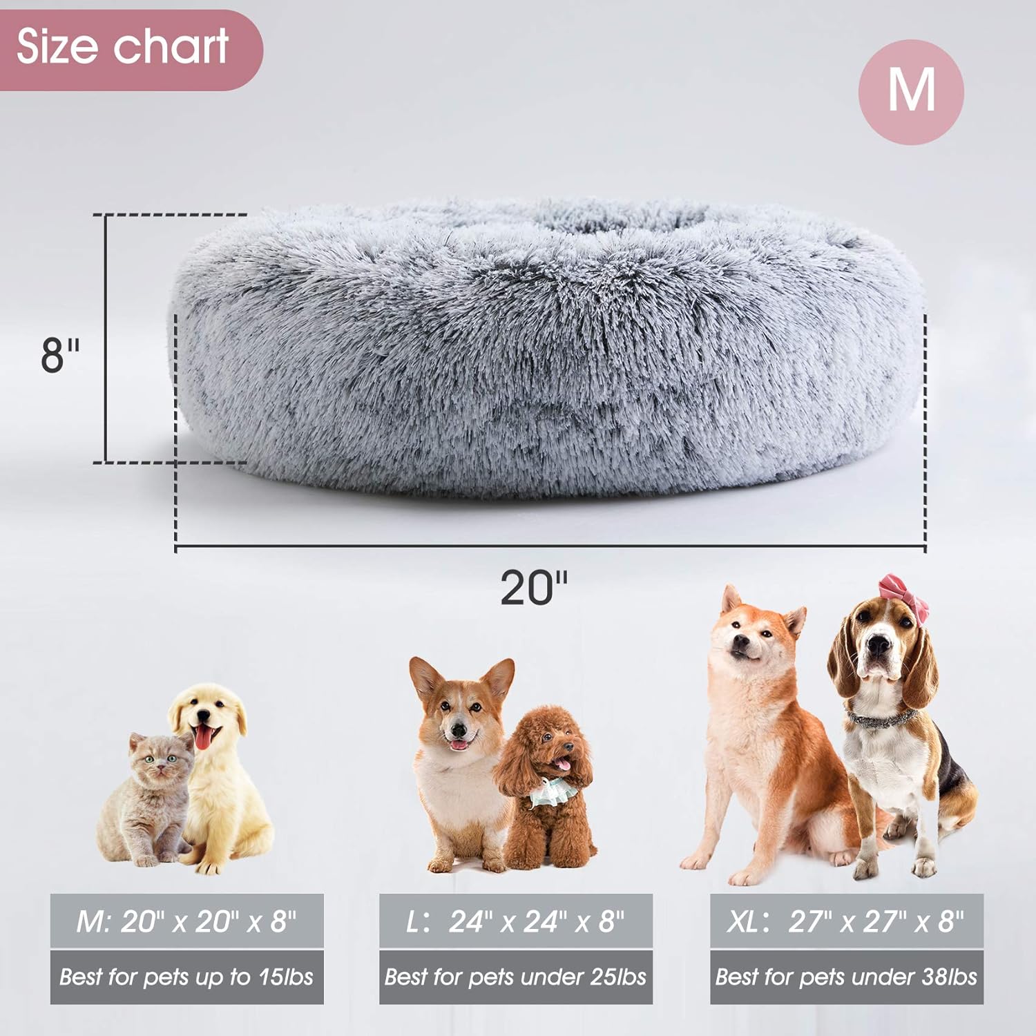Calming Dog Bed & Cat Bed, Anti-Anxiety Donut Dog Cuddler Bed, Warming Cozy Soft Dog Round Bed, Fluffy Faux Fur Plush Pet Dog Cat Cushion Bed for Small Medium Dogs and Cats (20"/24"/27") : Pet Supplies