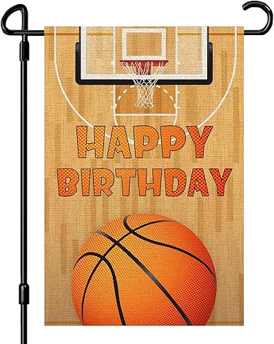 INNORU Bandera de jardín de baloncesto con texto en inglés Happy Birthday, letrero de fiesta de cumpleaños para niños y niñas, adultos, fiesta de