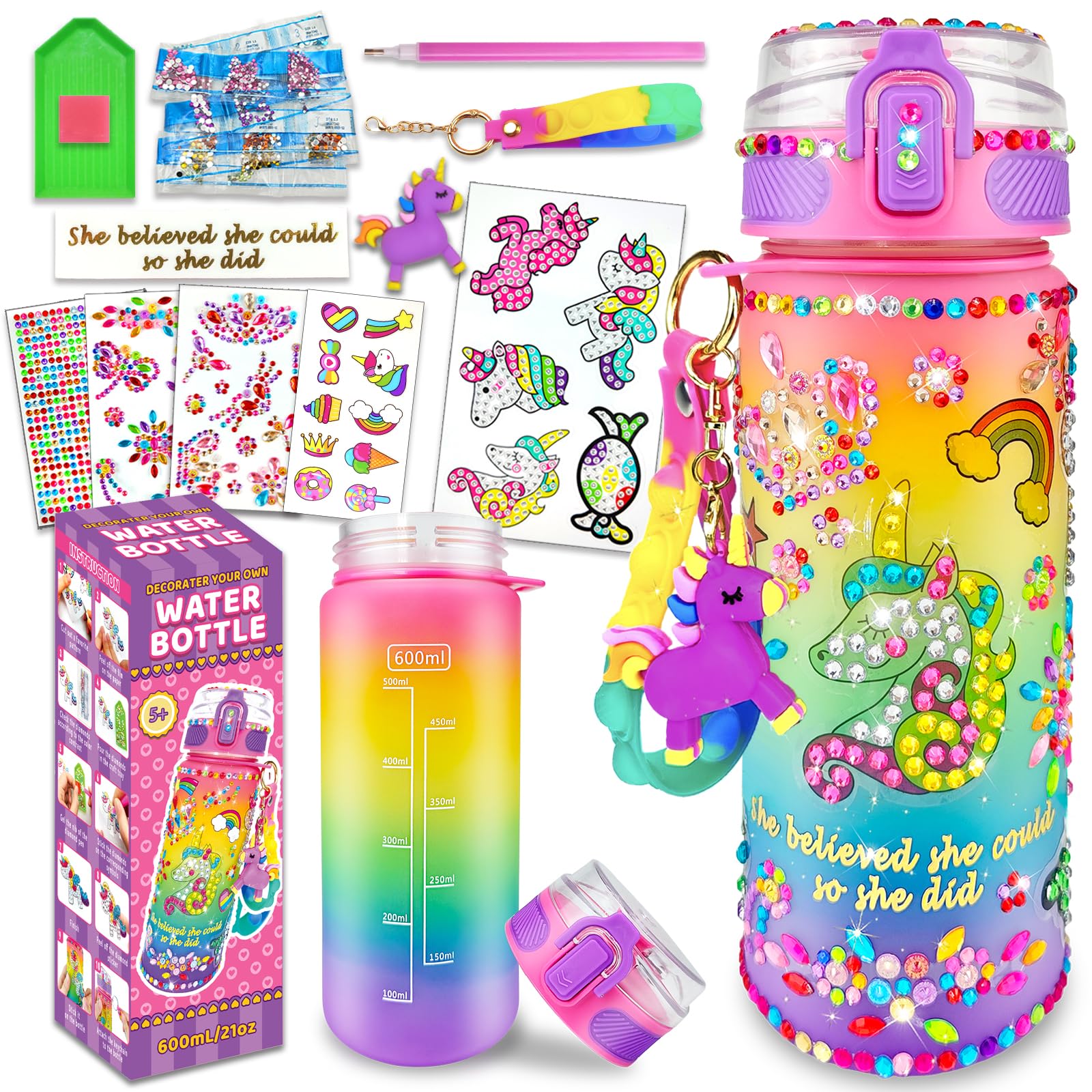 EDSPORTSHOUSE Decorate Your Own Water Bottle Kits for Girls Age 4-6-8-10,Unicorn Painting Crafts,Fun Arts and Crafts Gifts Toys for Girls Birthday Christmas(Unicorn)