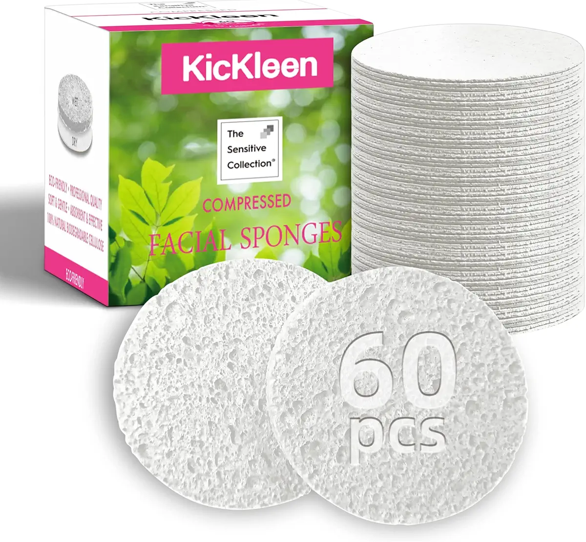 60-Count Compressed Facial Sponges|100% Natural Kickleen Cellulose Cosmetic Spa Sponges for Daily Facial Cleansing|Makeup and Mask Removal | Exfoliating | Skin Massage | Pore Exfoliation(White)