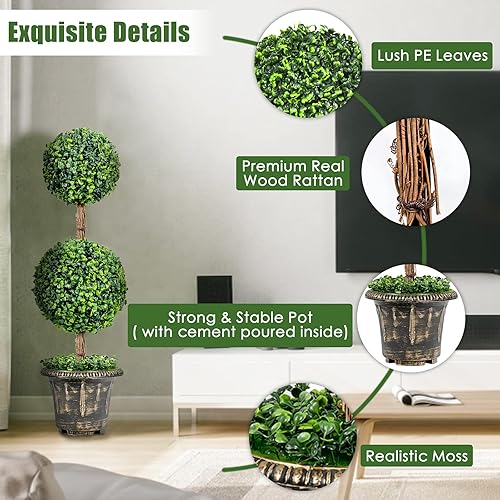 Miniatura 6 de Goplus Árbol topiario artificial de boj de 3 pies, plantas de vegetación falsas, árbol de bolas, hojas y maceta de plástico rellena de cemento,