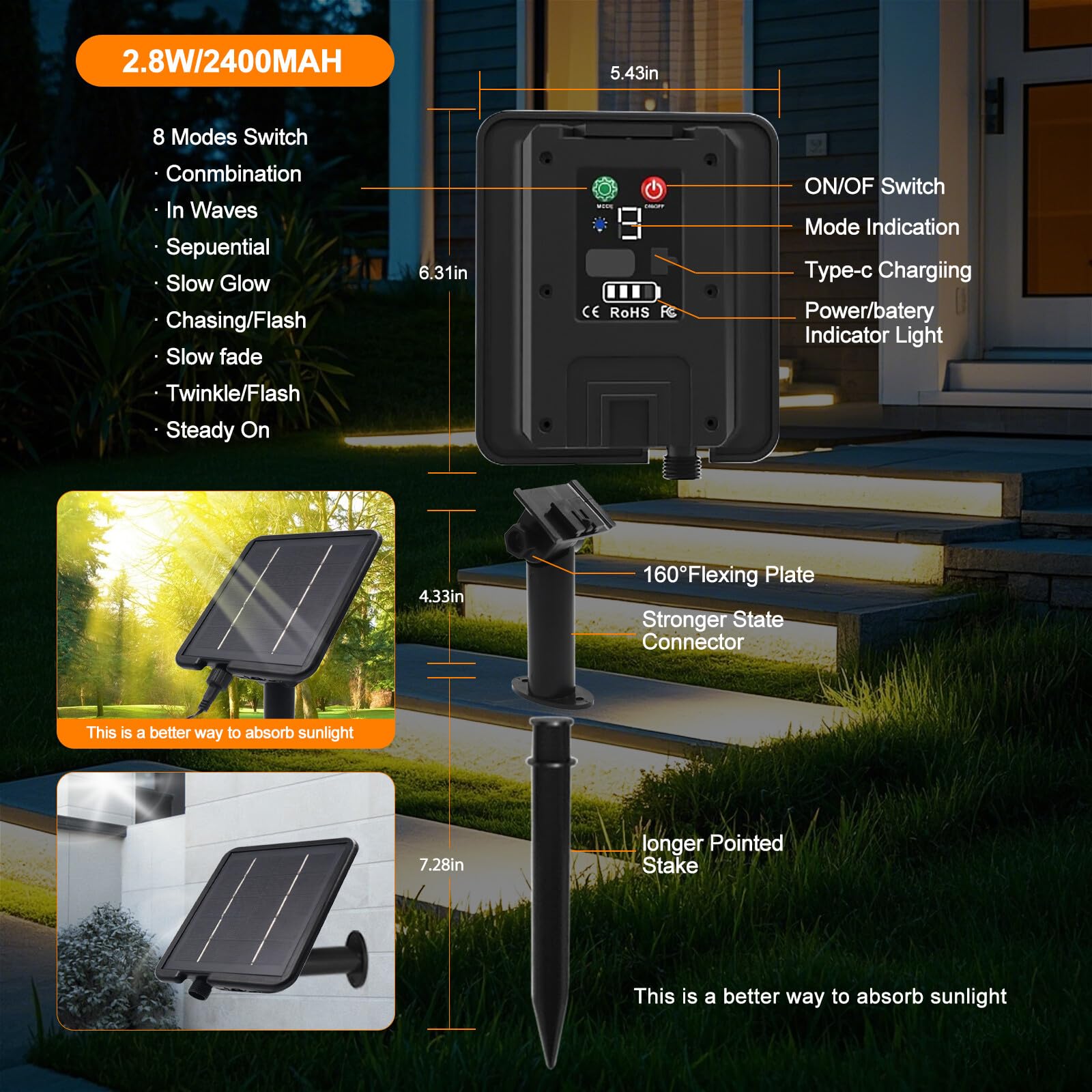 24V Solar LED Streifen, 8 Modi Lichtband Außen Neon Lichterkette, Neon Stripe Cuttable 5cm, 320LEDs/m Superheller COB LED Band für Terrasse, Innenhof(Warmweiß，5m)