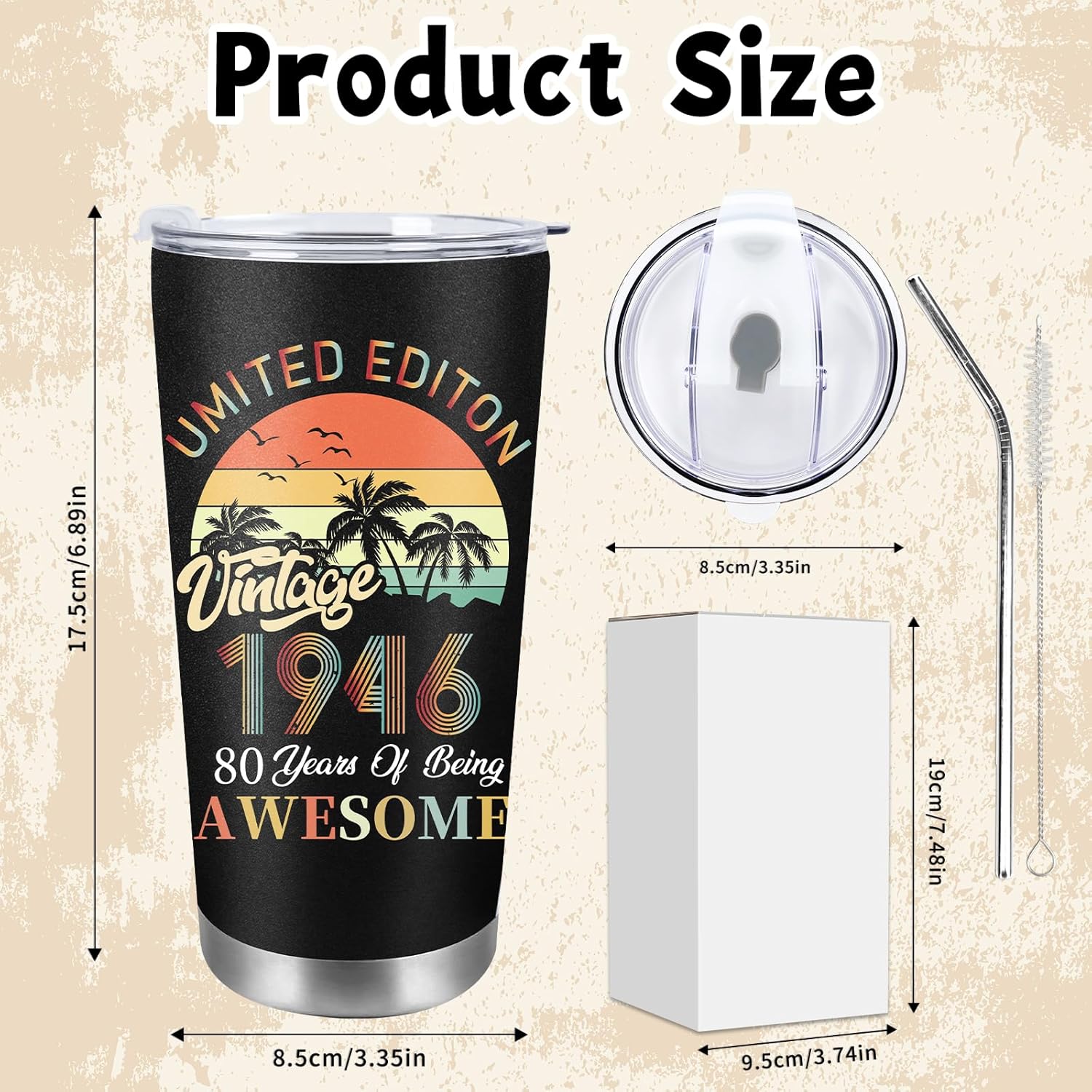 AFRITEE 80th Birthday Gift for Him, Vintage Tumbler Creative 80th Birthday Gifts for Men, 1946 Birthday Gift Funny 20 oz Coffee Cups with Brush Straw and Straw for Dad Grandfather and Friends - Image 7
