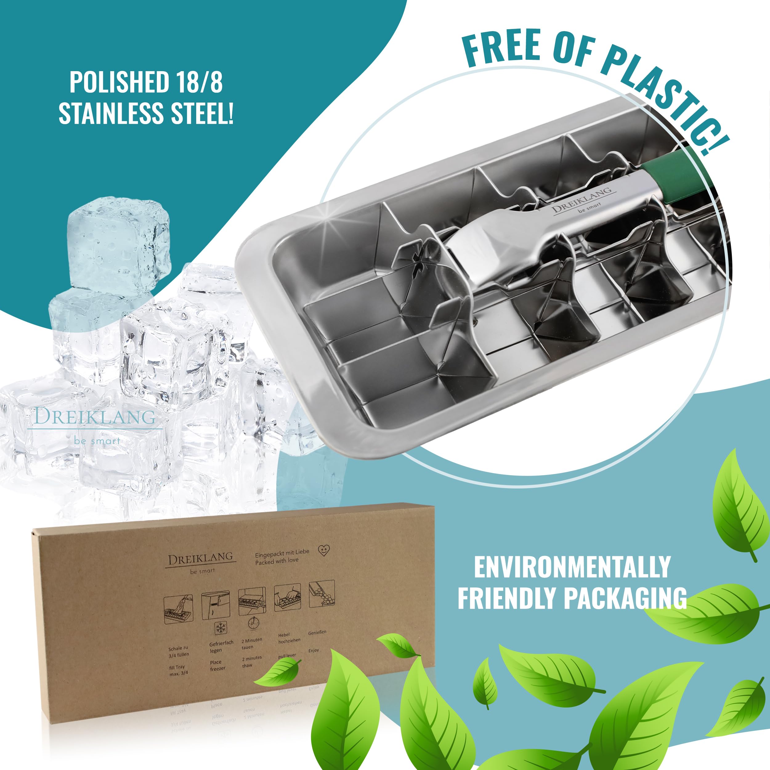 Dreiklang - be smart Forma do Lodu Stal Nierdzewna Zestaw 2 szt 18/8 z Dźwignią & Uchwytem Komfort – Foremka bez plastiku & bezpieczna 36 Ice Cube