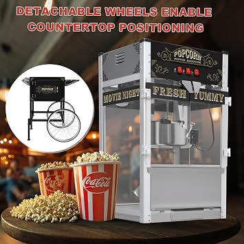 Popcorn Machine with Cart & Wheels - Popcorn Popper with 20OZ Stainless Steel Kettle, Pop corn Machine Maker for Home, Parties, Movie Theater, Black